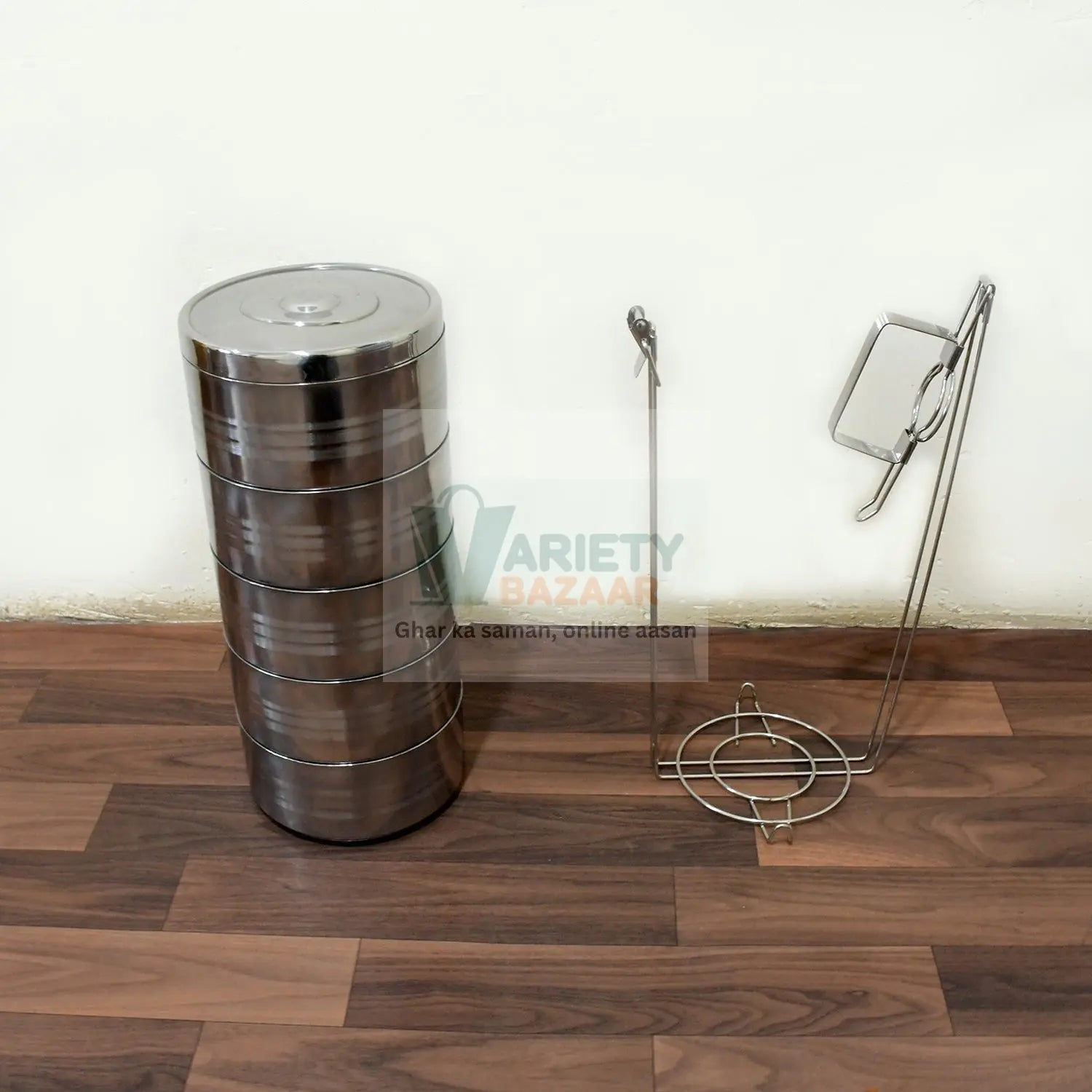 5799 Big Size 5 Compartment Lunch Box Stainless Steel Round Tiffin Traditional Tiffin Box for Kids, College, Office Men and Women Meal Holder with Locking Clip 5 Containers (16x5 Inch) Travel Sahayak