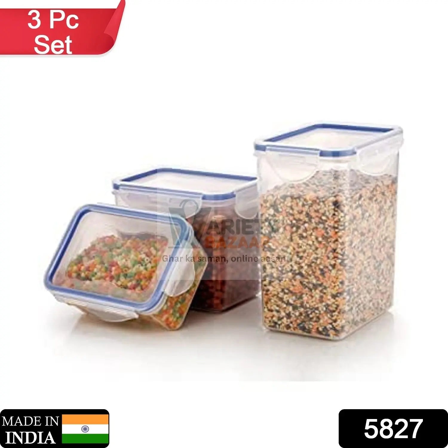 5827 Rectangle ABS Airtight Food Storage Containers with Leak Proof Locking Lid Storage container set of 3 Pc (Approx Capacity 500ml,1000ml,1500ml, Transparent) Travel Sahayak