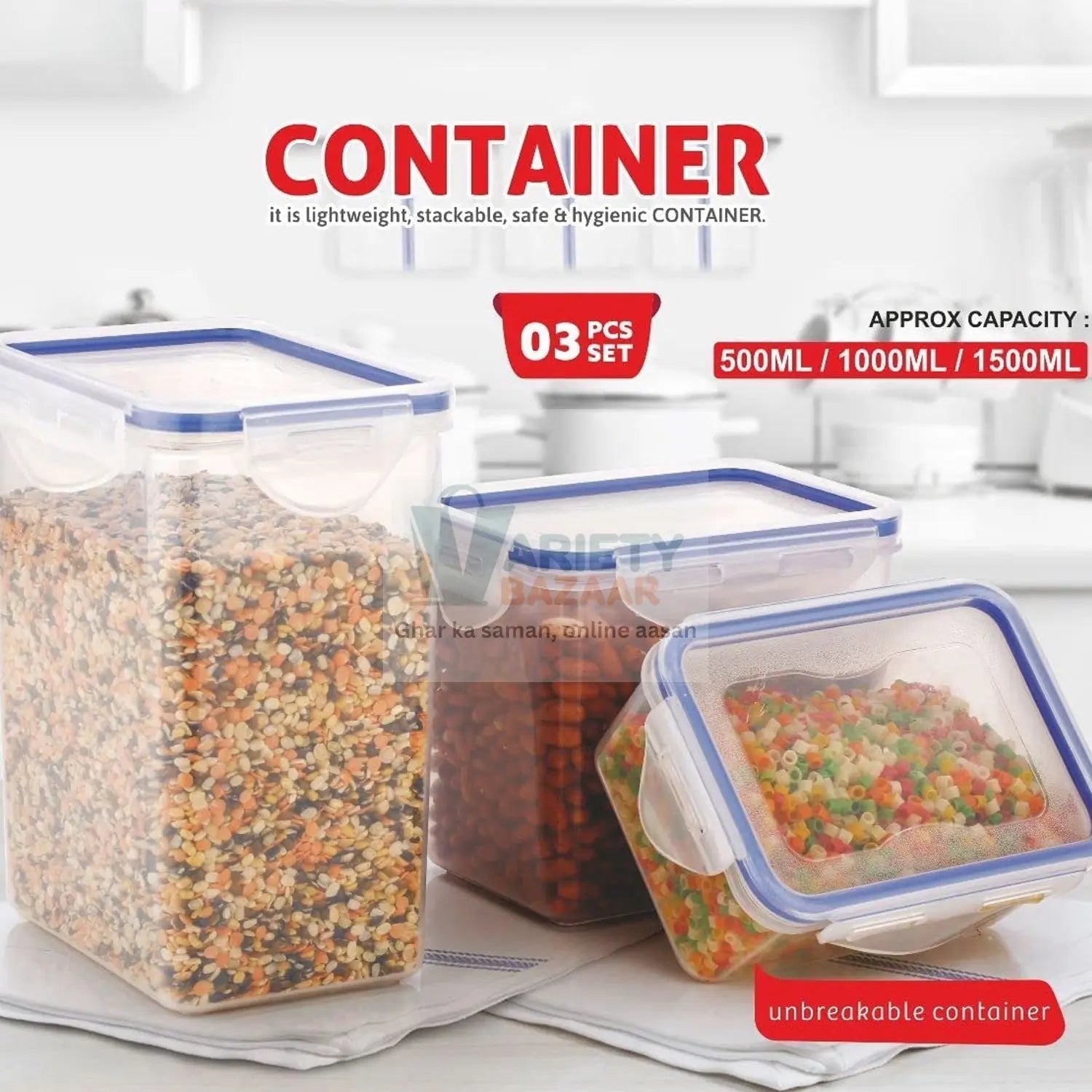 5827 Rectangle ABS Airtight Food Storage Containers with Leak Proof Locking Lid Storage container set of 3 Pc (Approx Capacity 500ml,1000ml,1500ml, Transparent) Travel Sahayak