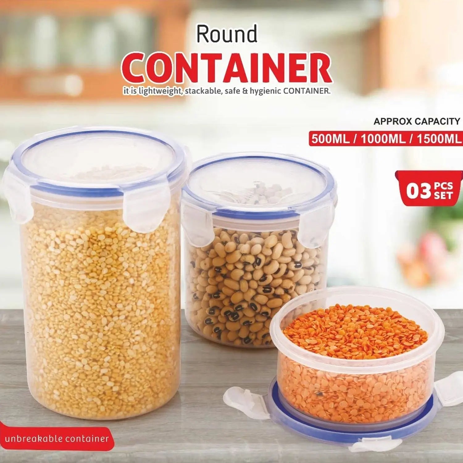 5828 Round Plastic Airtight Food Storage Containers with Leak Proof Locking Lid Storage container set of 3( Approx Capacity 500ml,1000ml,1500ml, Transparent) - 3 Pc Set Travel Sahayak