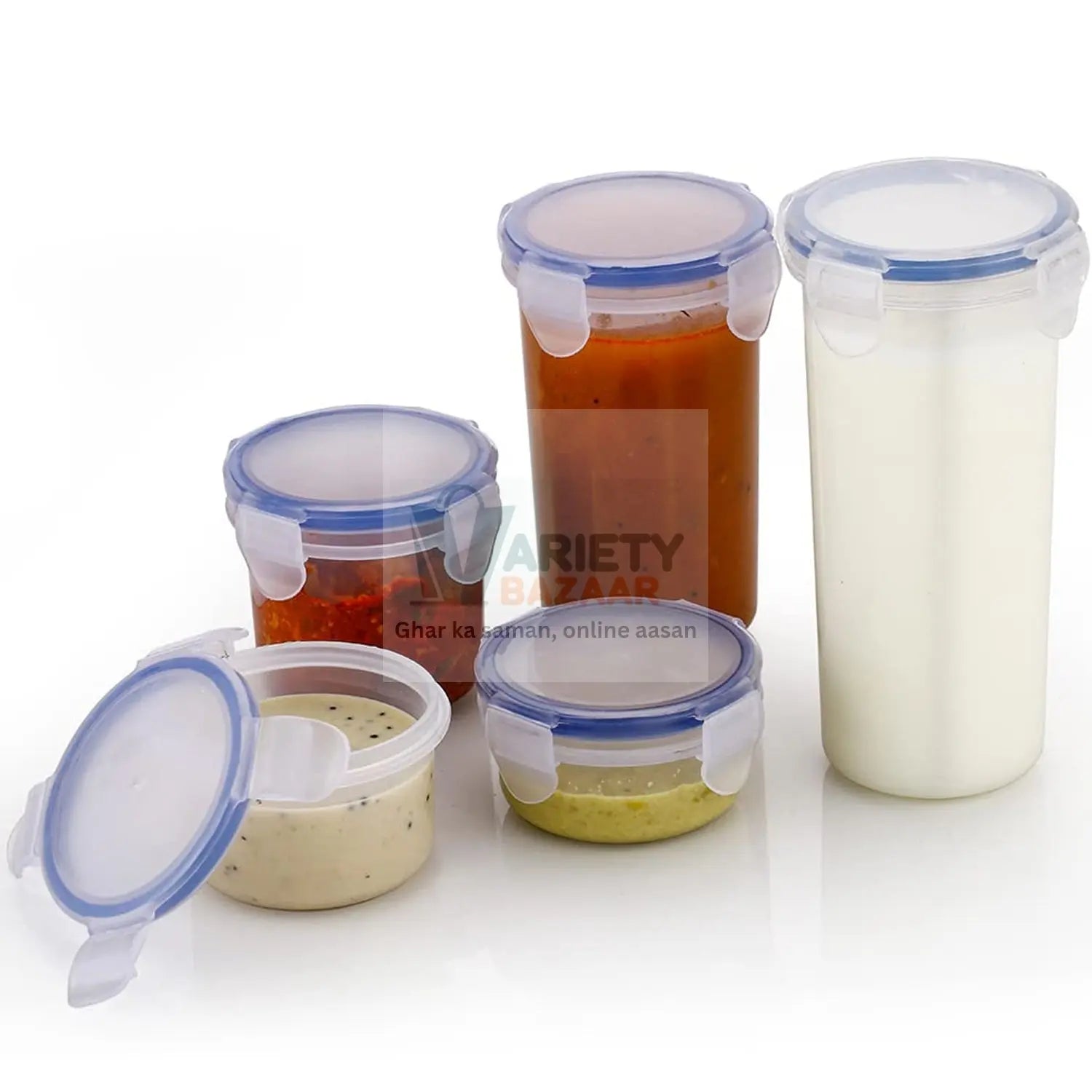 5830 Plastic Liquid Round Airtight Food Storage Container with Leak Proof Locking Lid BPA Free Container for Kitchen, 5 Pcs Set Transparent, ( Approx Capacity 110 ml,160 ml,210 ml,400 ml,500 ml) Travel Sahayak