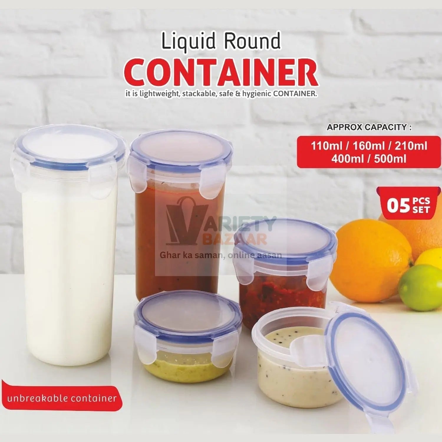 5830 Plastic Liquid Round Airtight Food Storage Container with Leak Proof Locking Lid BPA Free Container for Kitchen, 5 Pcs Set Transparent, ( Approx Capacity 110 ml,160 ml,210 ml,400 ml,500 ml) Travel Sahayak