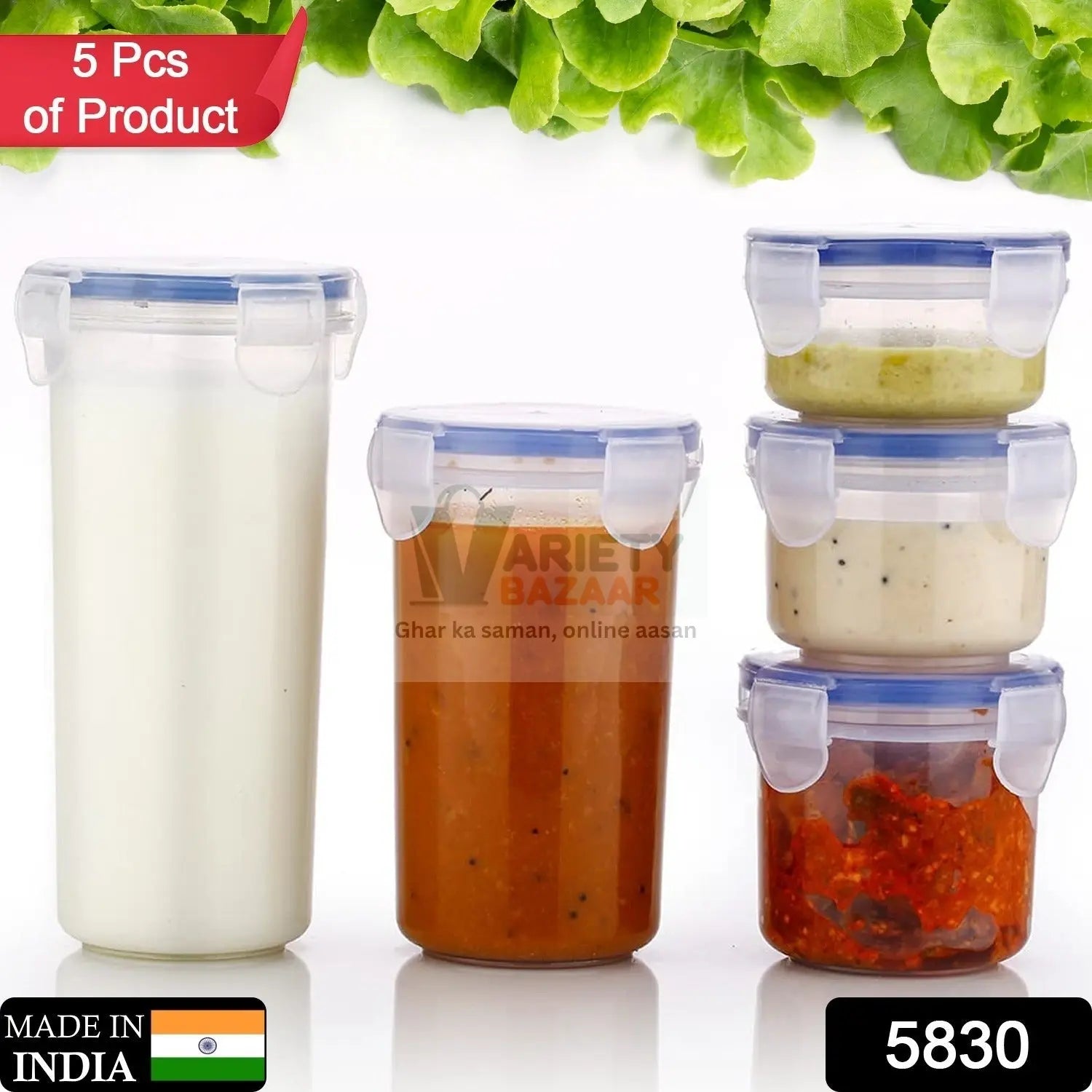 5830 Plastic Liquid Round Airtight Food Storage Container with Leak Proof Locking Lid BPA Free Container for Kitchen, 5 Pcs Set Transparent, ( Approx Capacity 110 ml,160 ml,210 ml,400 ml,500 ml) Travel Sahayak