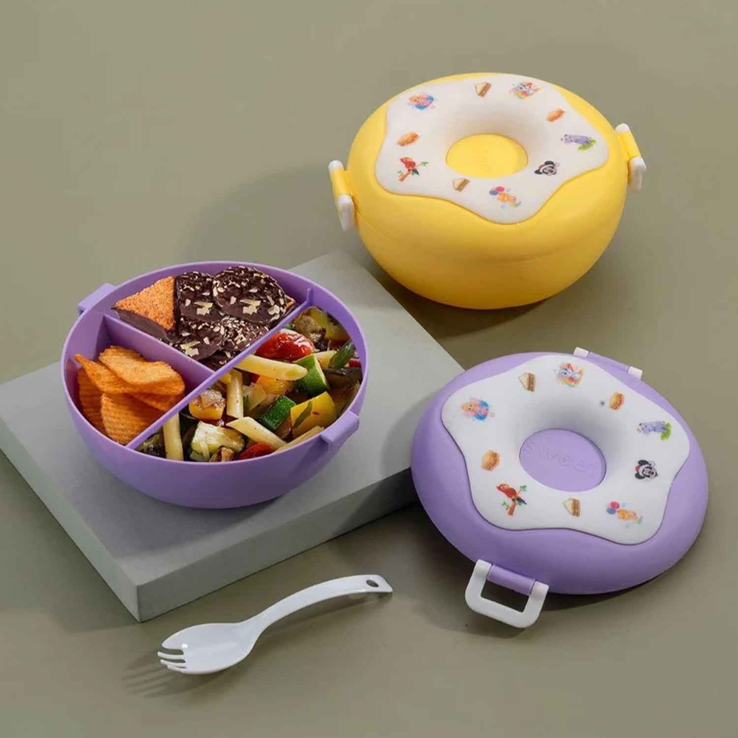 Donut Shaped Double Insulated 3 Compartment Lunch Box (1 Pc Mix Color)