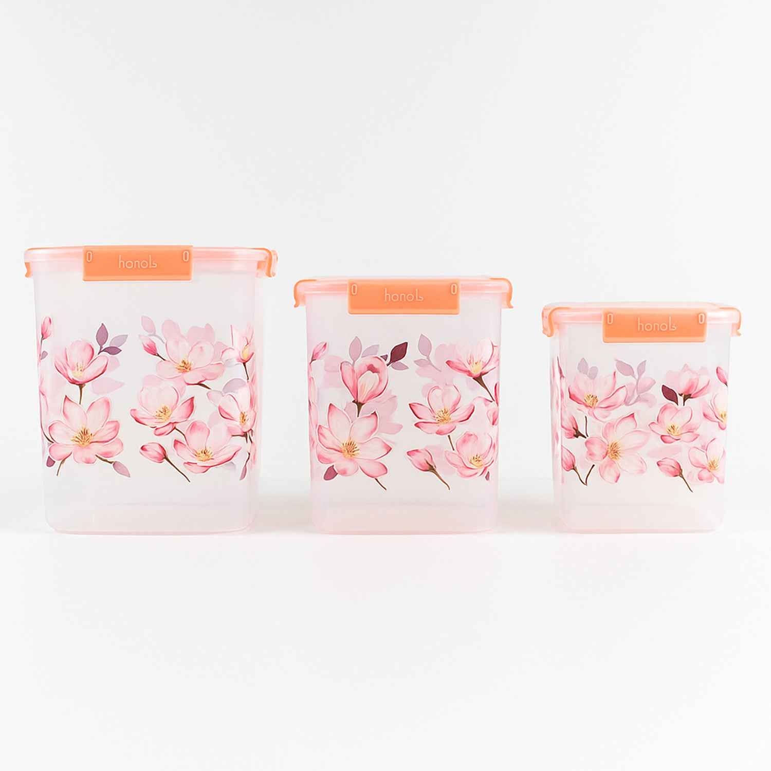 Square 3 Pcs Floral Printed Airtight Storage Container Set Approx 2.8 Ltr 4.5 Ltr 6.9 Ltr (3 Pcs Set)