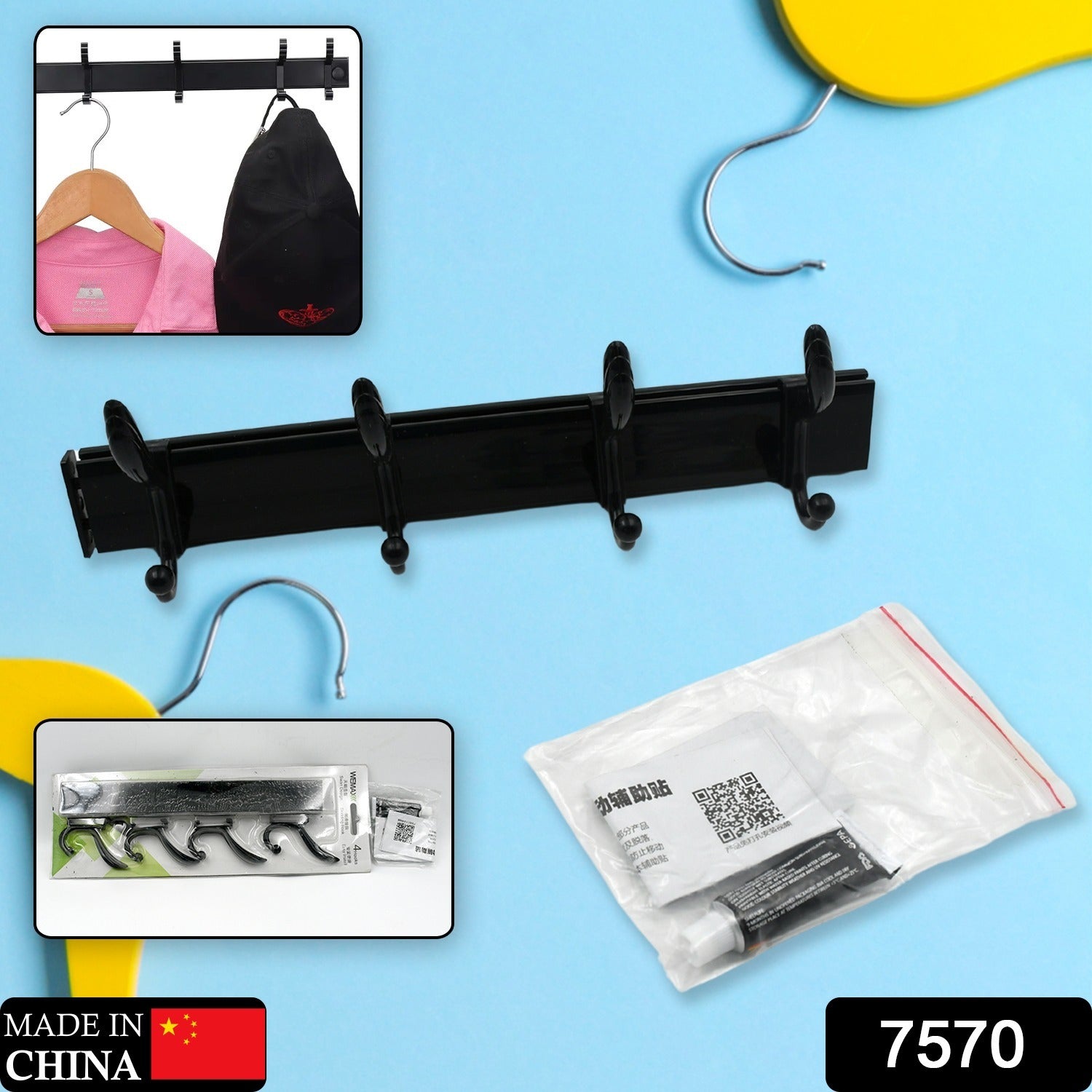 Extra Long 4-Hook Wall Coat Hanger with Eco Adhesive Variety Bazaar