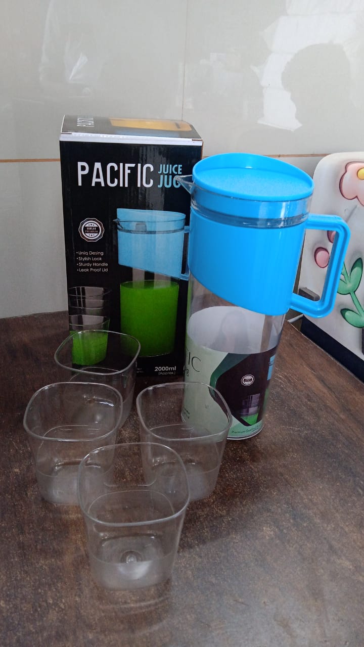Transparent Stylish Premium Jug with Elegant Handle (2000 ML Jug Approx & 4 Pcs Plastic Glass) Variety Bazaar