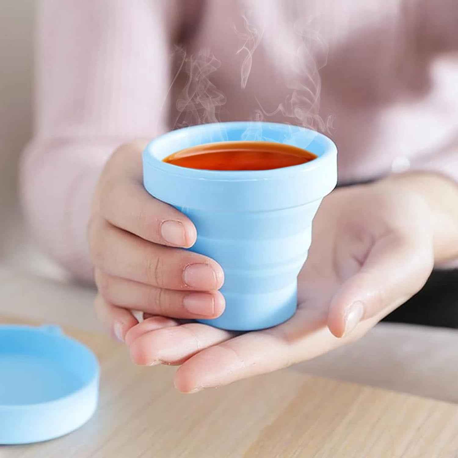 Round Silicone Foldable Glass Cup Foldable Travel Mug With Lid (1 Pc)