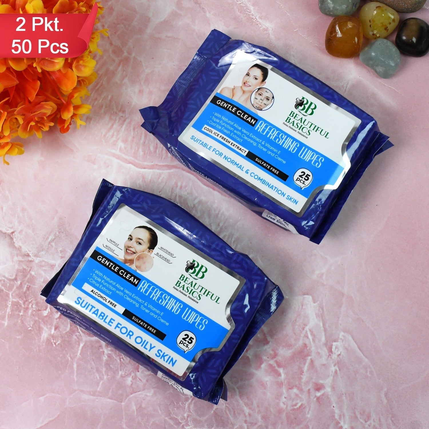 Beautiful Basics Normal & Oily Skin Face Wipes (2 Pkts x 50 Pcs Wipes) Variety Bazaar