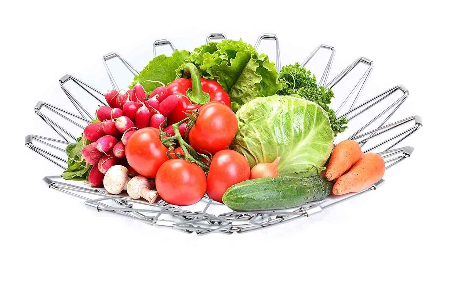 Multipurpose Fruit Basket Stainless Steel Wire Bowl Foldable Basket for Vegetable / Fruits / Dining