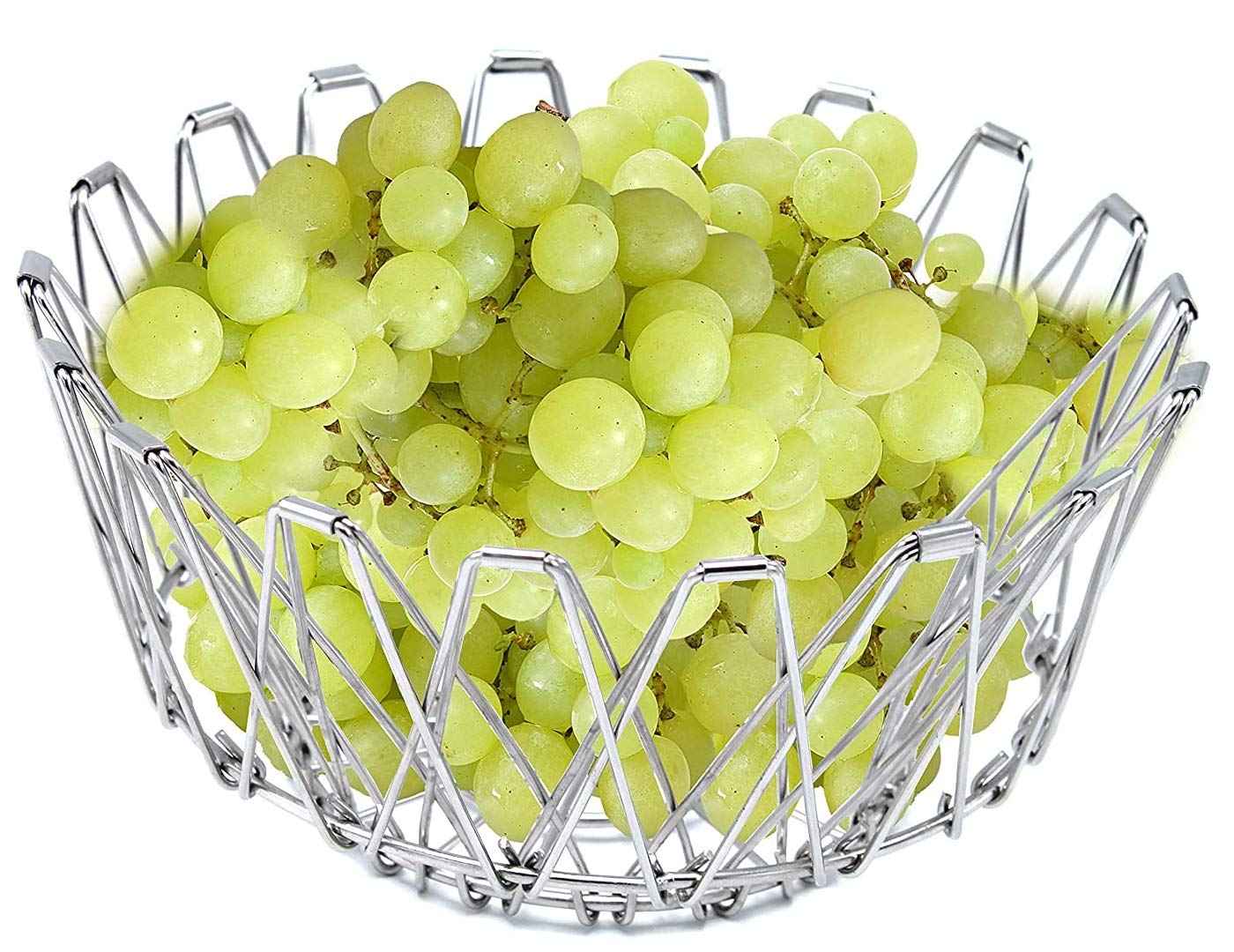 Multipurpose Fruit Basket Stainless Steel Wire Bowl Foldable Basket for Vegetable / Fruits / Dining