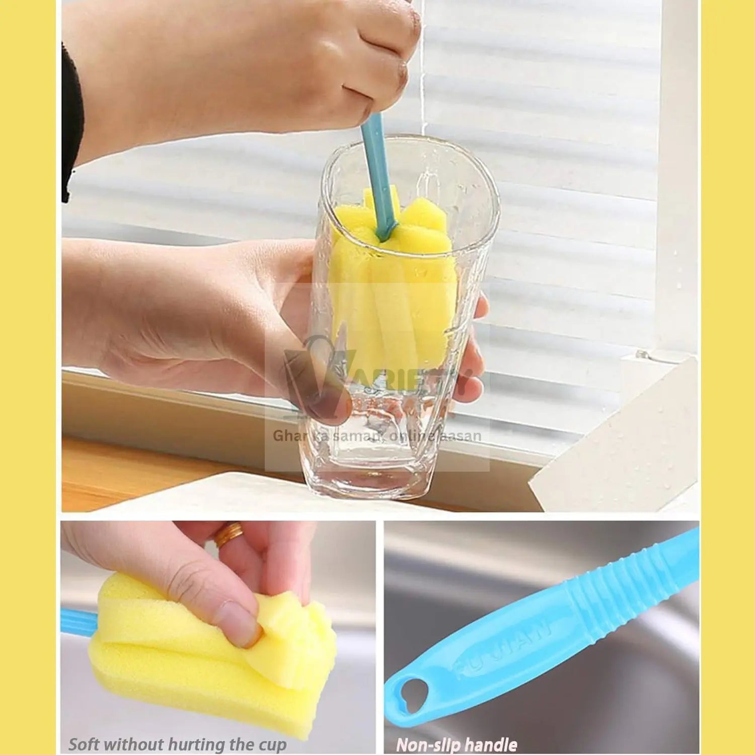 7443 Sponge Cup Washing Brush/ Washing Cup Milk Bottle Cleaning Brush Kitchen Brush Water Cup Tea Cup Brush, Sponge Head Household Kitchen Cleaning Tool (20Cm) Travel Sahayak