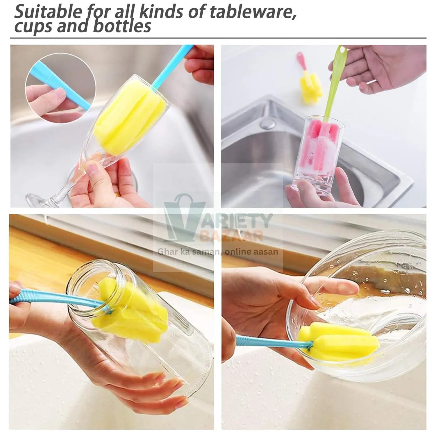 7443 Sponge Cup Washing Brush/ Washing Cup Milk Bottle Cleaning Brush Kitchen Brush Water Cup Tea Cup Brush, Sponge Head Household Kitchen Cleaning Tool (20Cm) Travel Sahayak