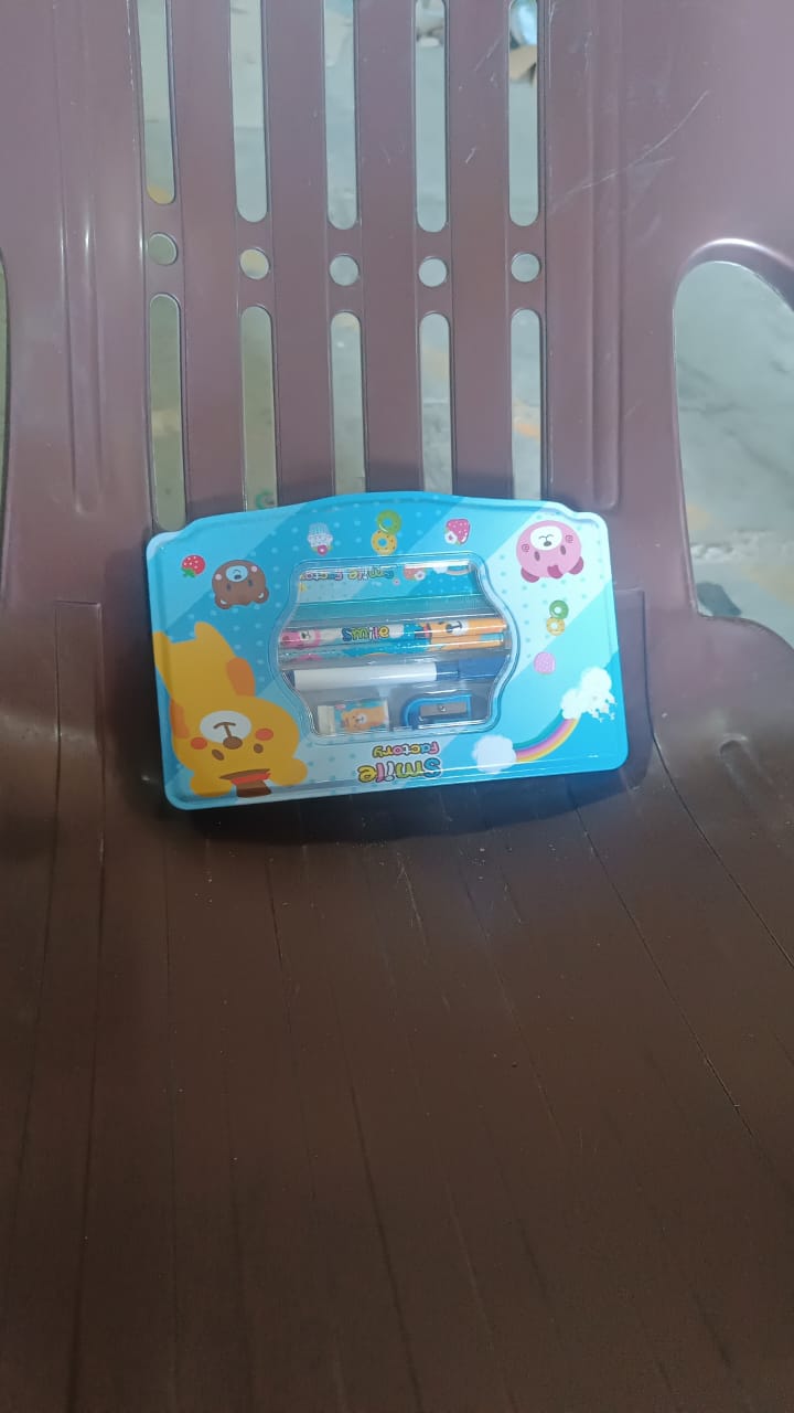 Cartoon Metal Compass Box for Kids with Stationery (6 Pc Set) Variety Bazaar