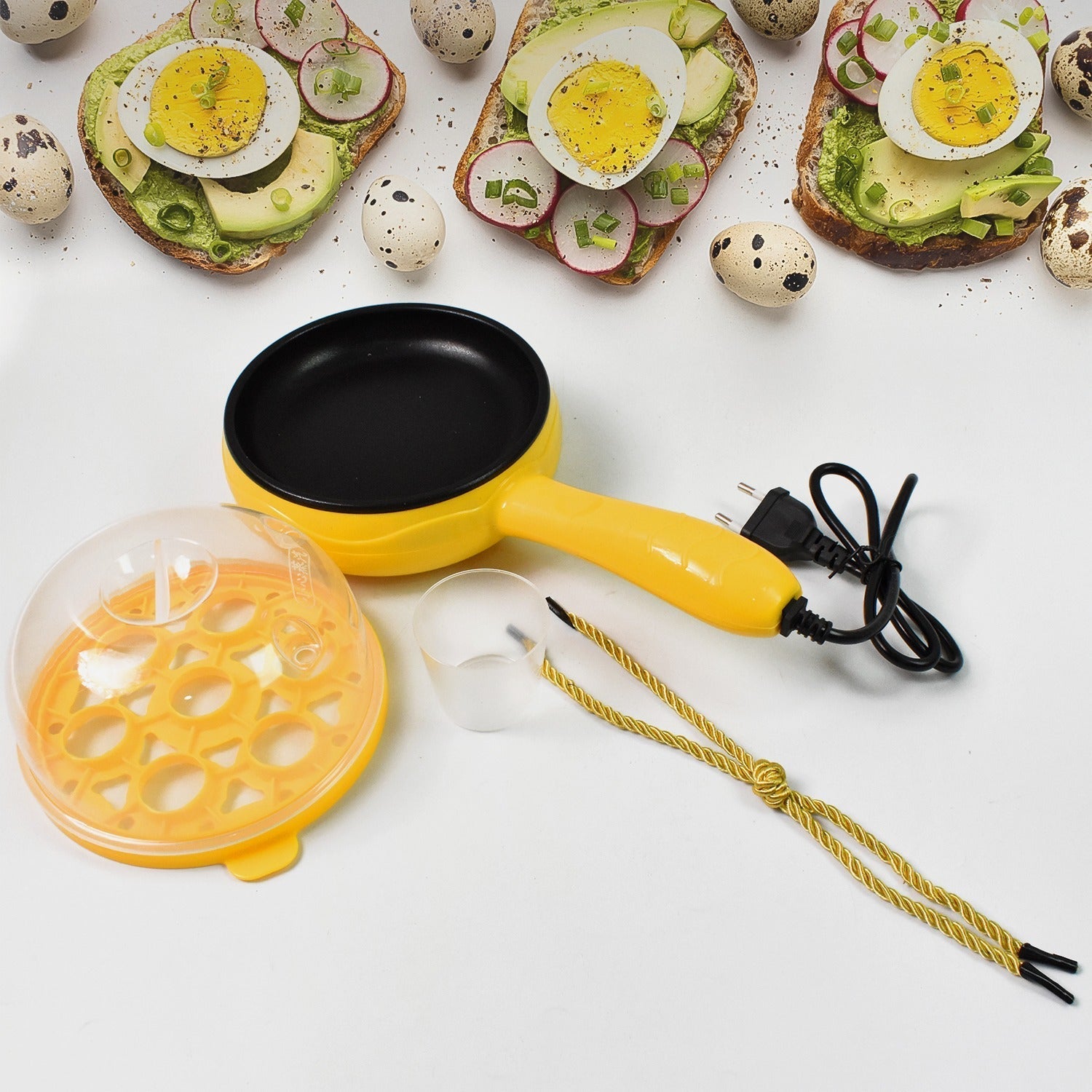 Multi functional Electric 2 in 1 Egg Frying Pan with Egg Boiler Machine Measuring Cup with Handle Variety Bazaar