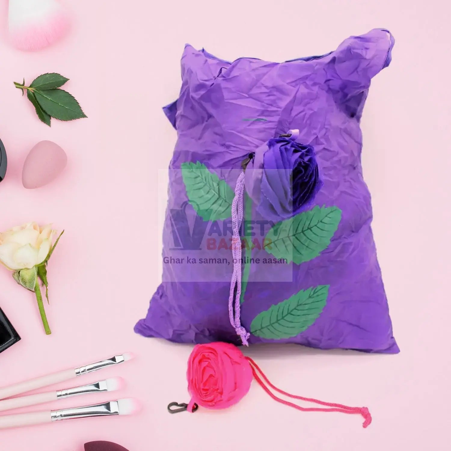 7741 Foldable Bag Cute Rose Shape Cover Reusable bag Naylon Bag Nylon Shopping Carry Bags Large Reusable Foldable Bag, Eco Friendly Shopping, Folds to Pocket Size, Tote Grocery Shoulder Handbag Travel Bag (1Pc) Travel Sahayak