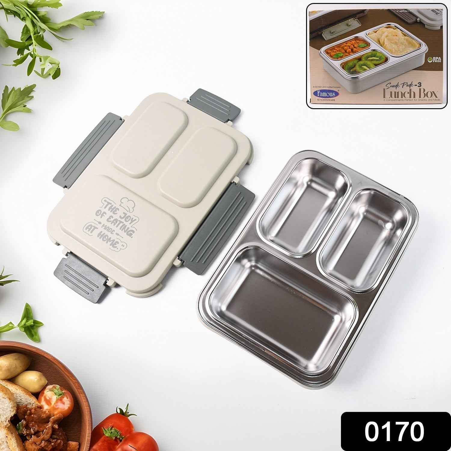 3-Compartment Stainless Steel Lunch Box (1 Pc)