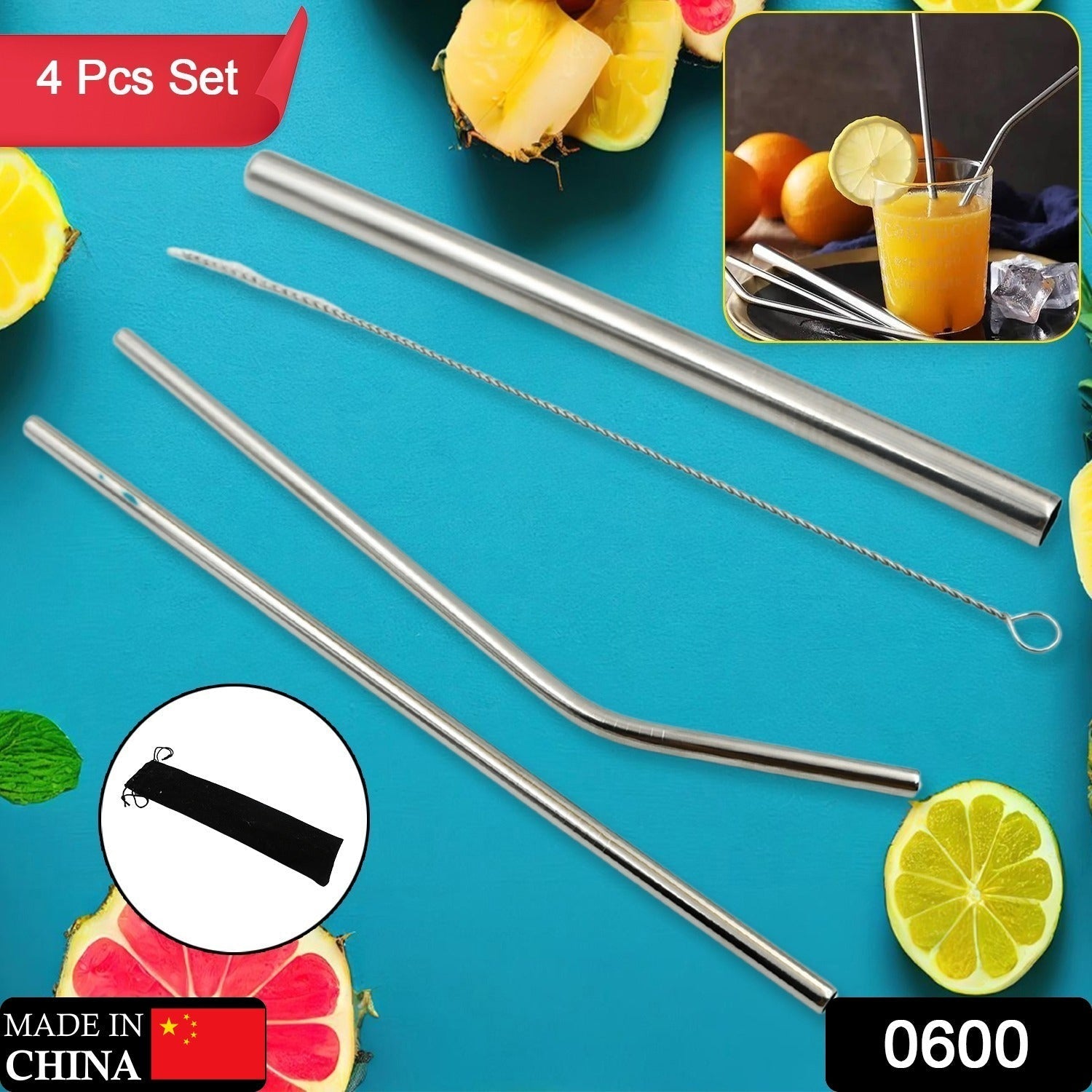 Reusable Stainless Steel Straws with Case for Drinking (4 Pc, Eco-Friendly) Variety Bazaar