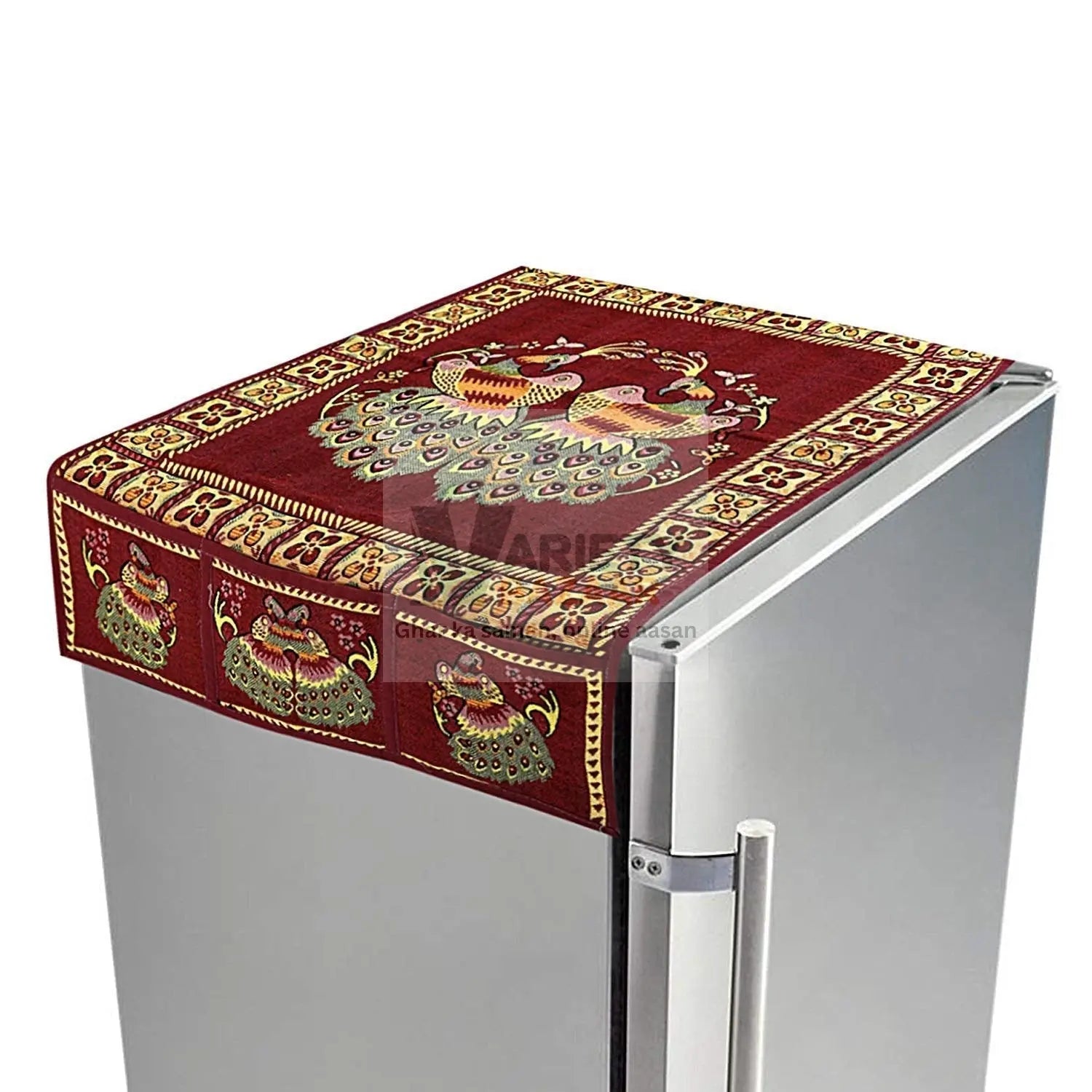 8889 Cotton Fridge Top Cover Set - Standard, Appliance Covers Fridge Dustproof Cover with Peacock Deign 6 Utility Side Pockets Fridge Cover For All types Fridge Refrigerator Use (100x60CM) Travel Sahayak
