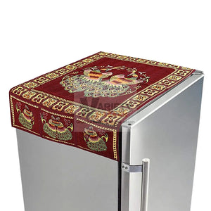 8889 Cotton Fridge Top Cover Set - Standard, Appliance Covers Fridge Dustproof Cover with Peacock Deign 6 Utility Side Pockets Fridge Cover For All types Fridge Refrigerator Use (100x60CM) Travel Sahayak