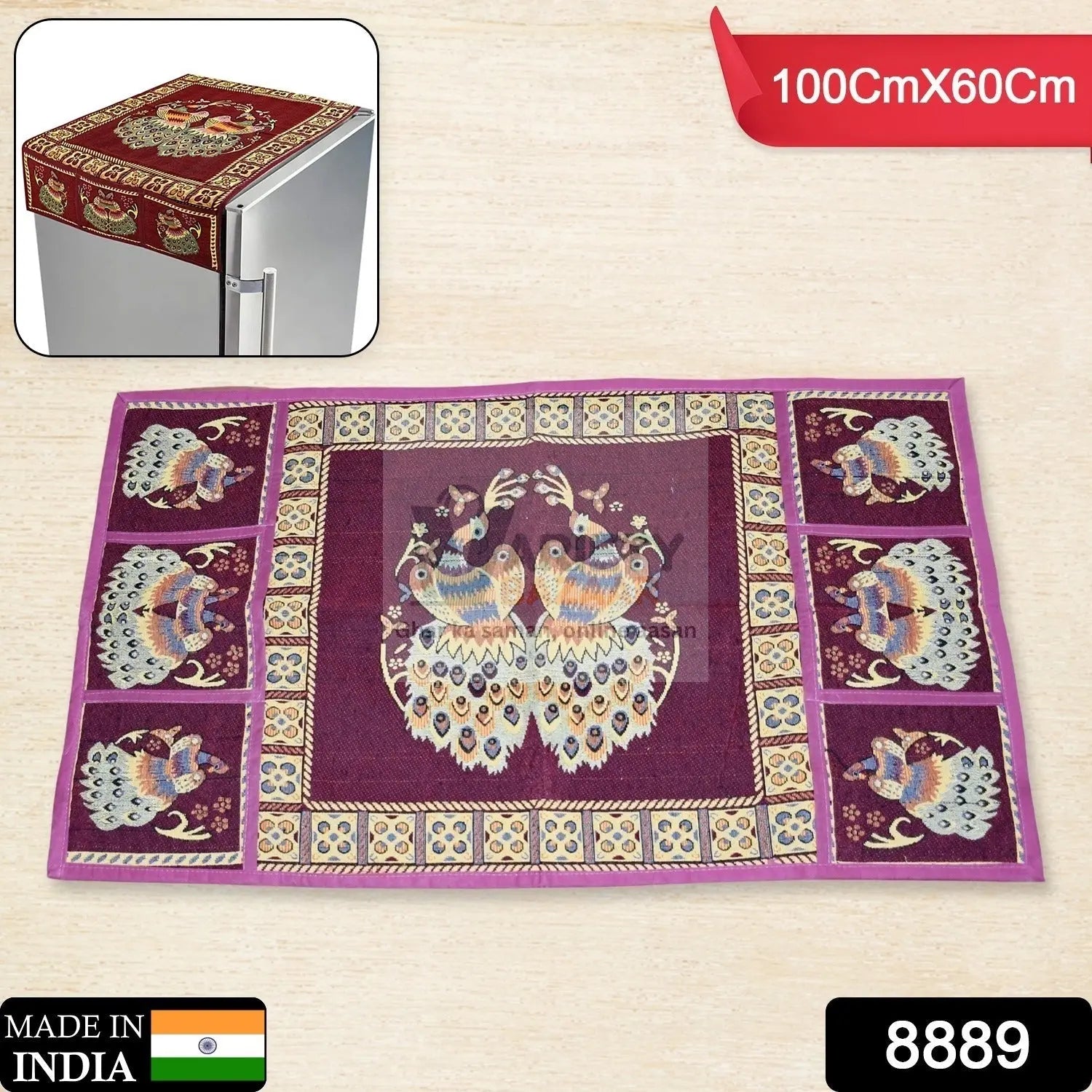 8889 Cotton Fridge Top Cover Set - Standard, Appliance Covers Fridge Dustproof Cover with Peacock Deign 6 Utility Side Pockets Fridge Cover For All types Fridge Refrigerator Use (100x60CM) Travel Sahayak