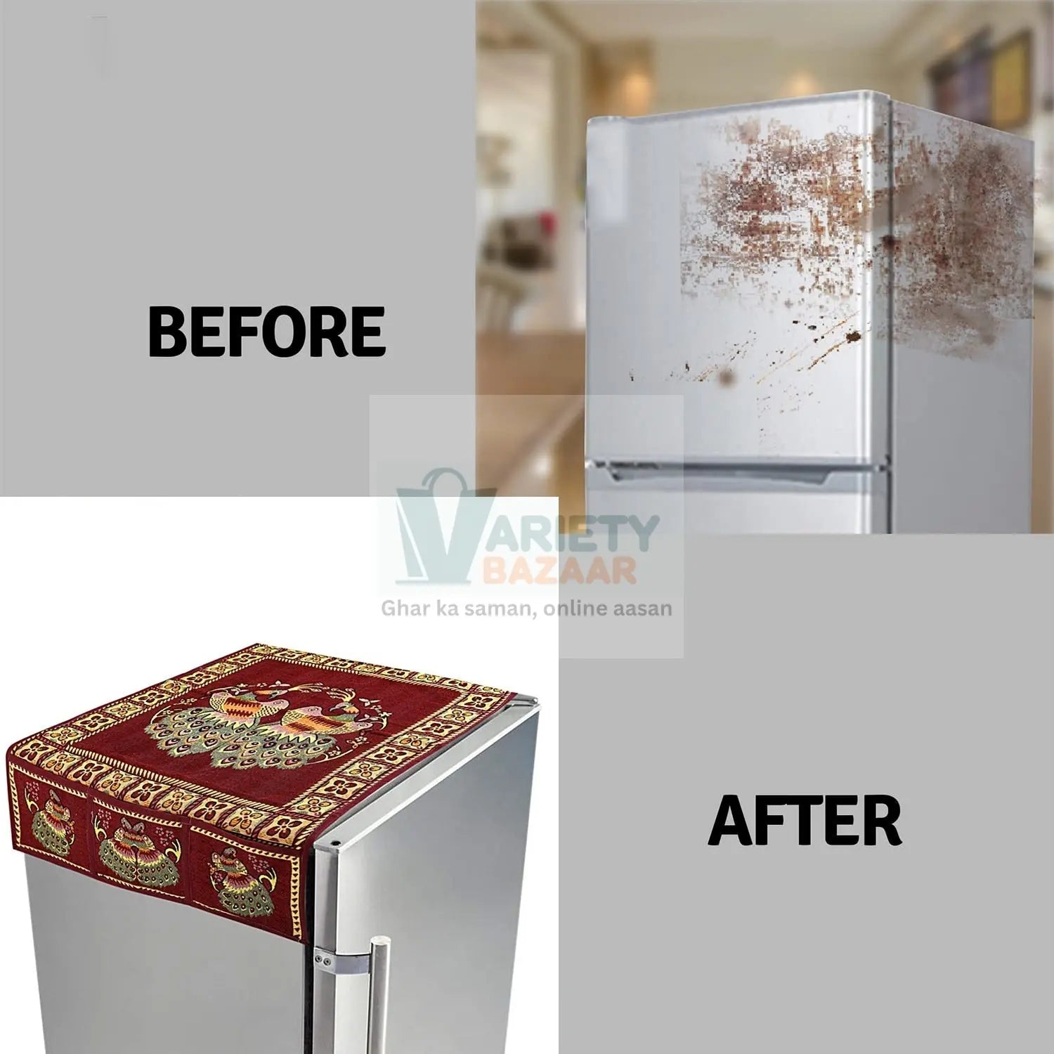 8889 Cotton Fridge Top Cover Set - Standard, Appliance Covers Fridge Dustproof Cover with Peacock Deign 6 Utility Side Pockets Fridge Cover For All types Fridge Refrigerator Use (100x60CM) Travel Sahayak