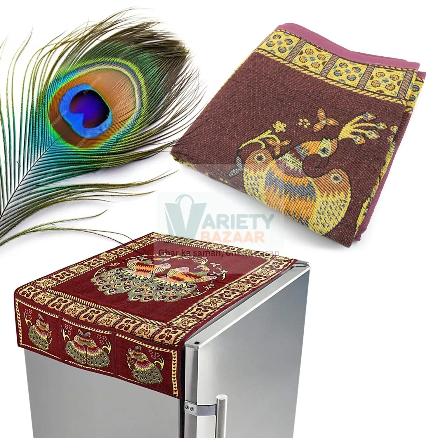 8889 Cotton Fridge Top Cover Set - Standard, Appliance Covers Fridge Dustproof Cover with Peacock Deign 6 Utility Side Pockets Fridge Cover For All types Fridge Refrigerator Use (100x60CM) Travel Sahayak