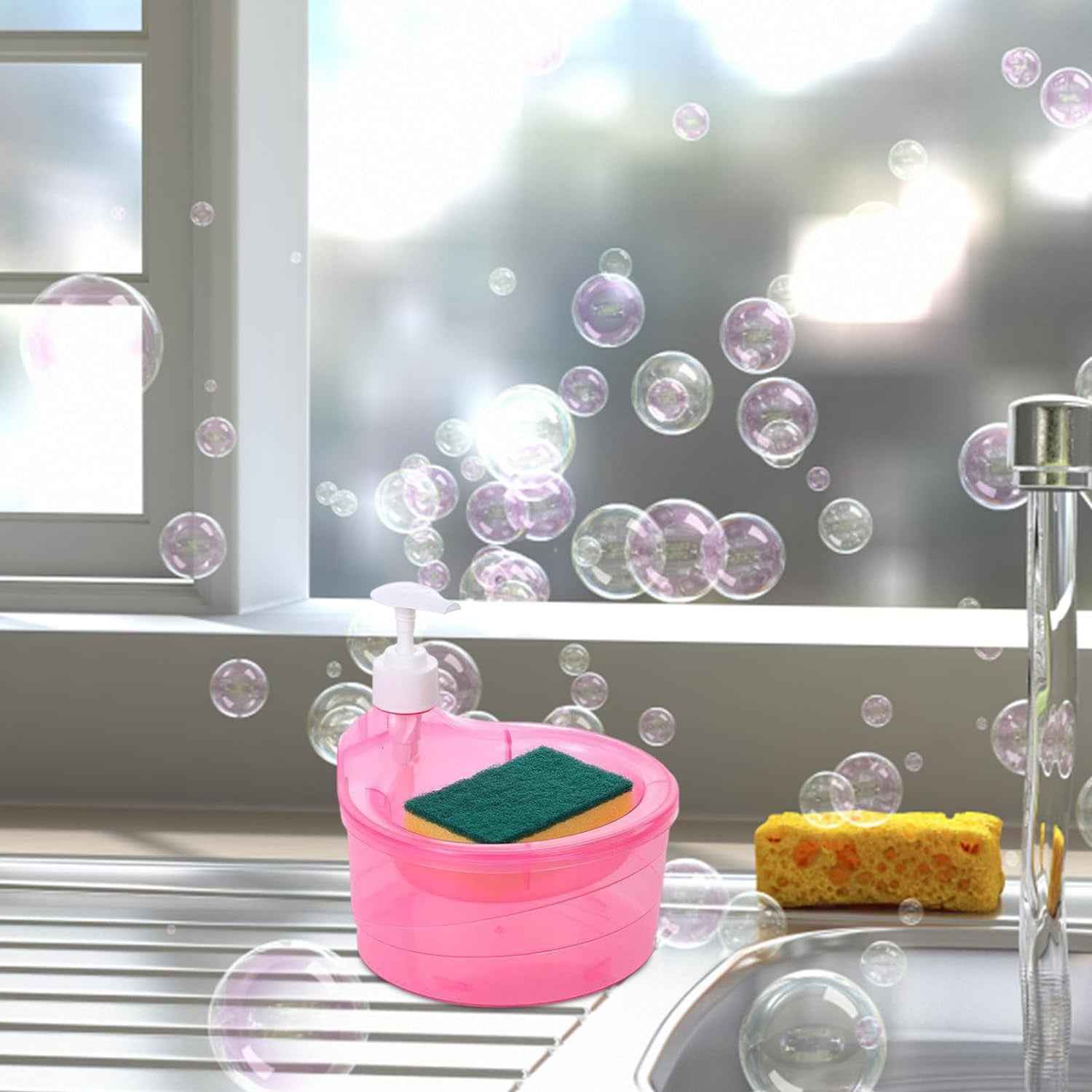 12589 Double Layer Liquid Soap Dispenser With Pump And Sponge Practical For Hotel Sink Clear Soap Dispensing Liquid Pump Bottle For Home Kitchen Rectangle ( 2 In 1 )