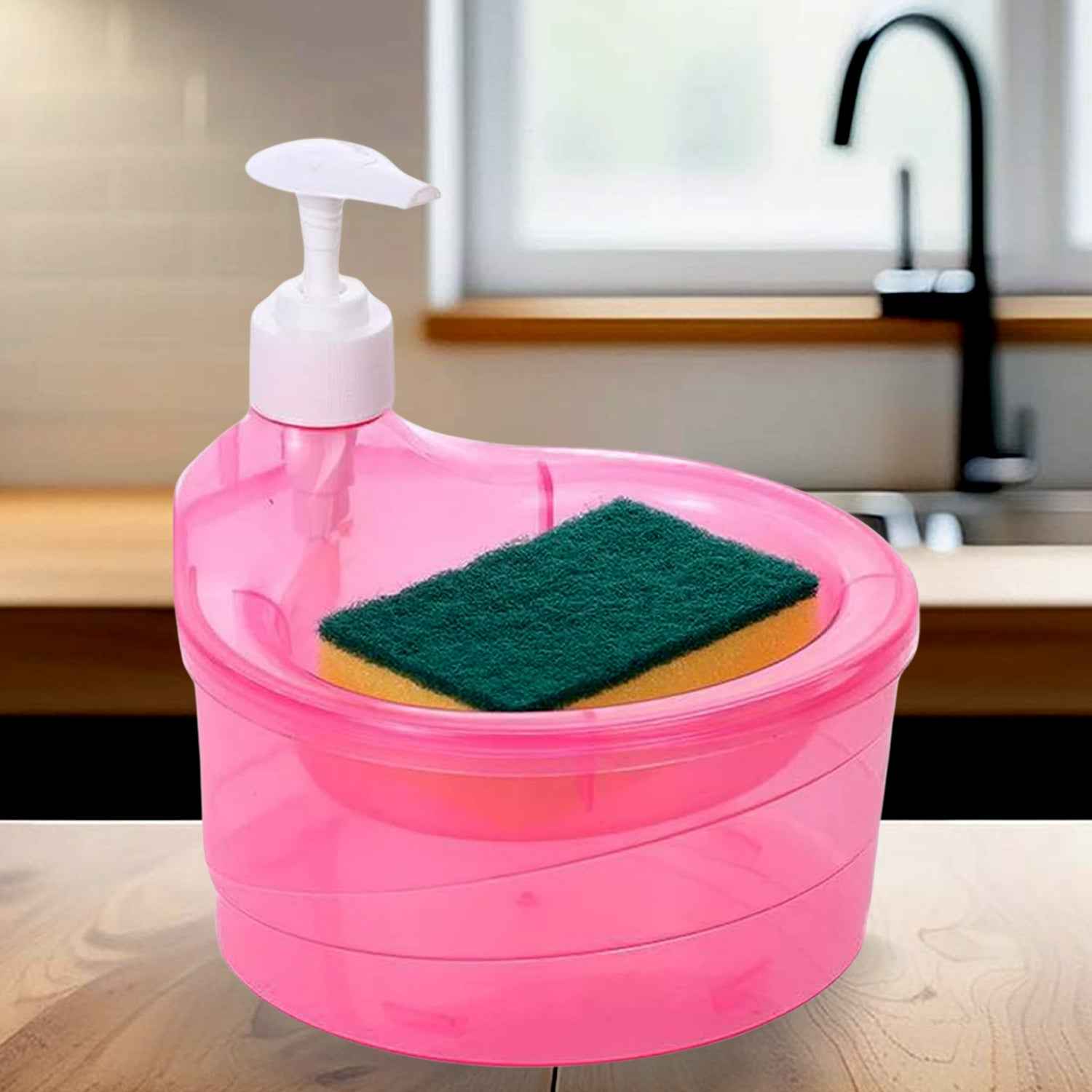 12589 Double Layer Liquid Soap Dispenser With Pump And Sponge Practical For Hotel Sink Clear Soap Dispensing Liquid Pump Bottle For Home Kitchen Rectangle ( 2 In 1 )