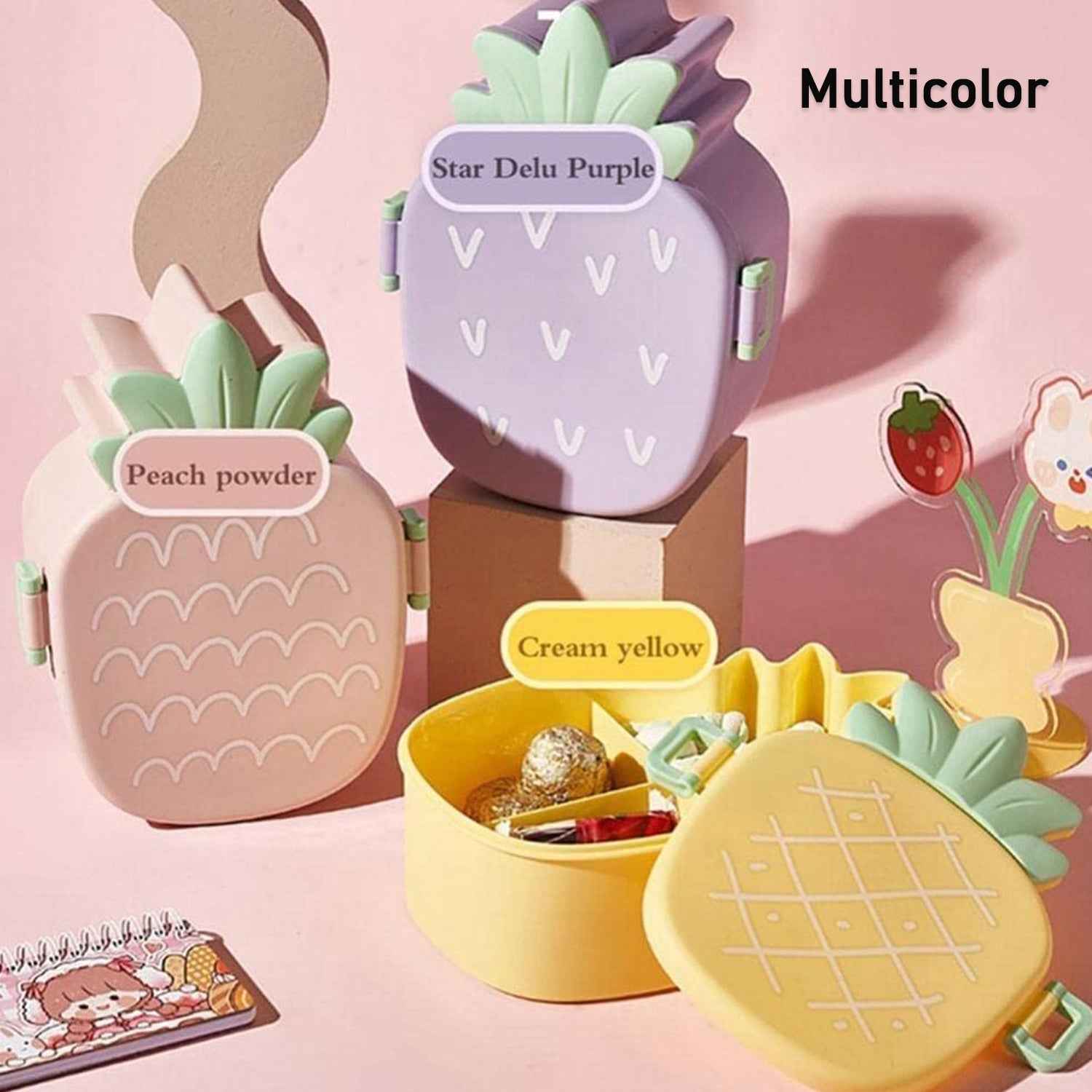 5750 Kids Lunch Box Cute Pineapple Shaped Bento Box With Fork Spoon Snack Candy Container Microwave Portable Office Lunch Box (1 Pc With Spoon Fork)