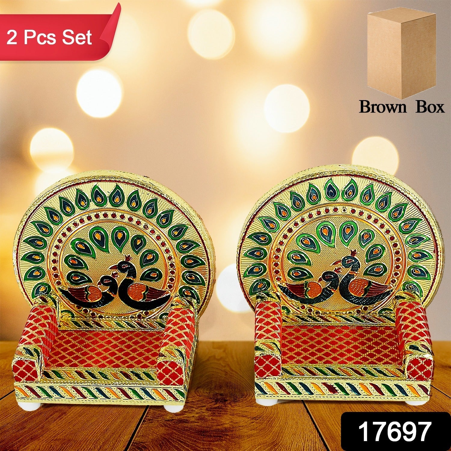 Meenakari Work Laddu Gopal Singhasan / Sihasan for Pooja Mandir Wooden Krishna Ladoo Bal Gopal Sofa Asan, Home Decorative Premium Look Decorative Singhasan Suitable For Home, Office, Restaurant (2 Pc Set)