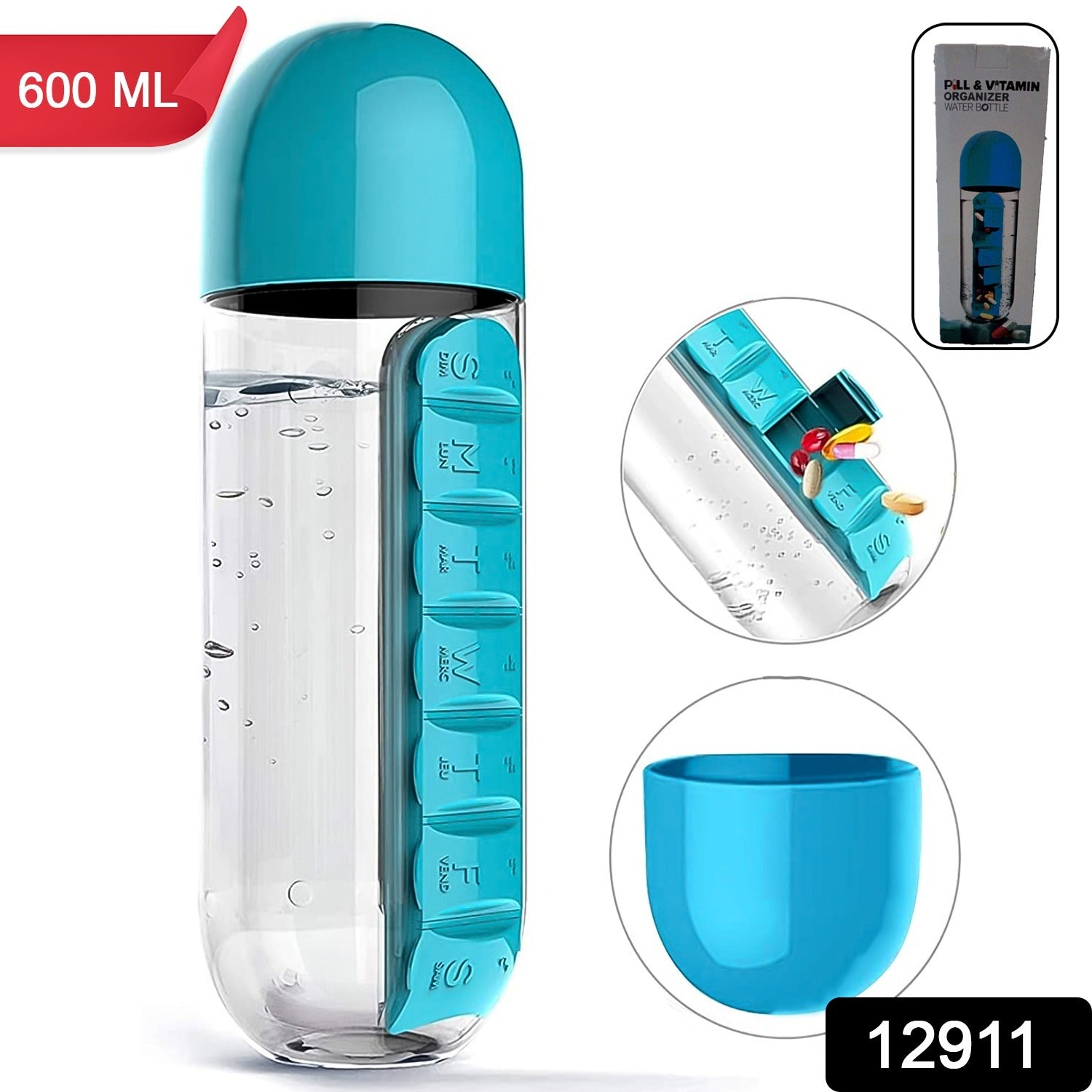 Multi-Use Pill & Water Bottle for Travel (600 Ml, Mix Color) Variety Bazaar