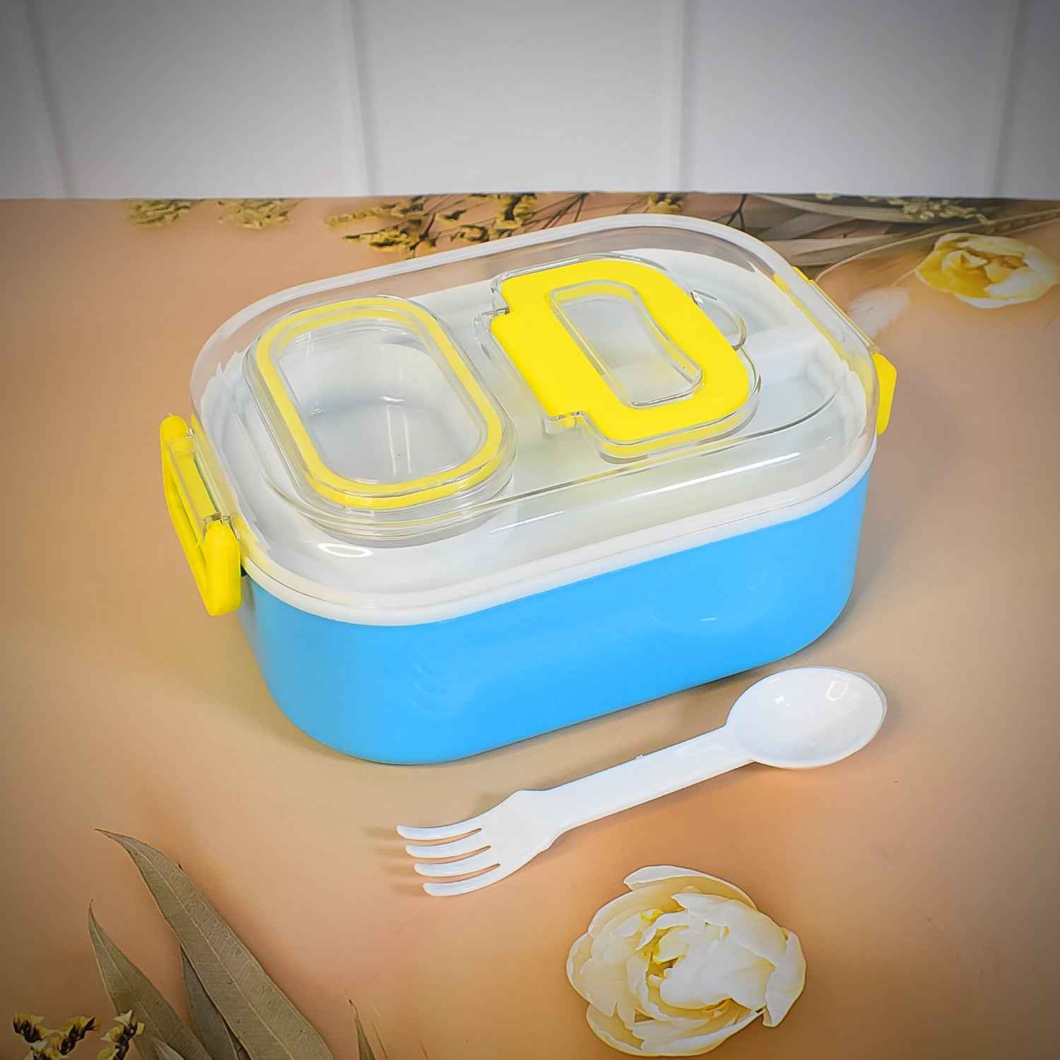Durable Plastic Lunch Box For Kids With 2 In 1 Spoon Fork (1 Pc)
