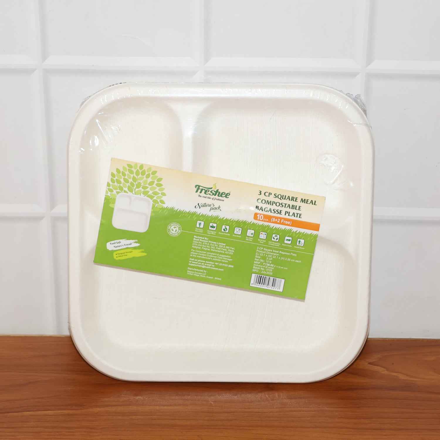 Compostable Bagasse 3-compartment Square Meal Plate