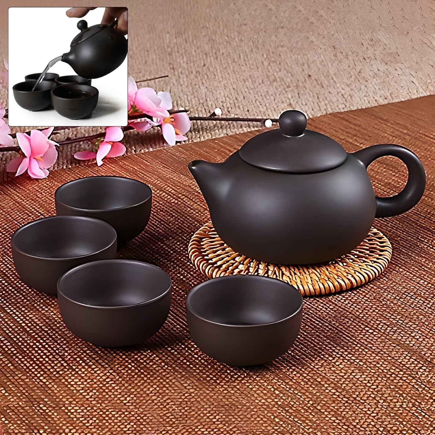 Premium Black Clay Ceramic Tea Set With Teapot 4 Cups
