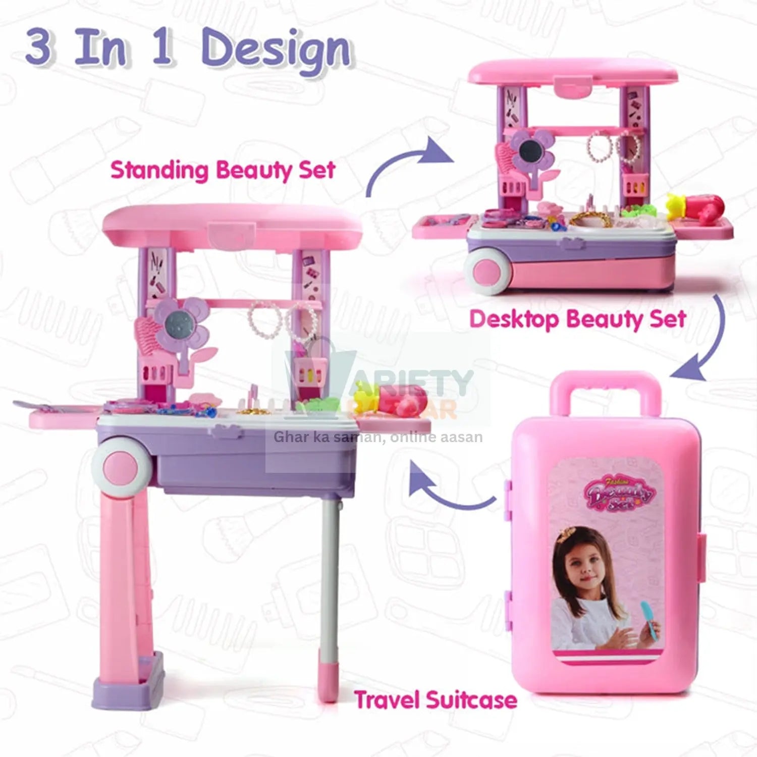 Big Beauty Set Suitcase On Wheel, The Ultimate Beauty Set On Wheels for Girls, Makeup Kit is Easy to Clean & Use, Portable Beauty Set with 25 Pieces for 3 Years BIS Approved. (Beauty Set Trolley) travel sahayak