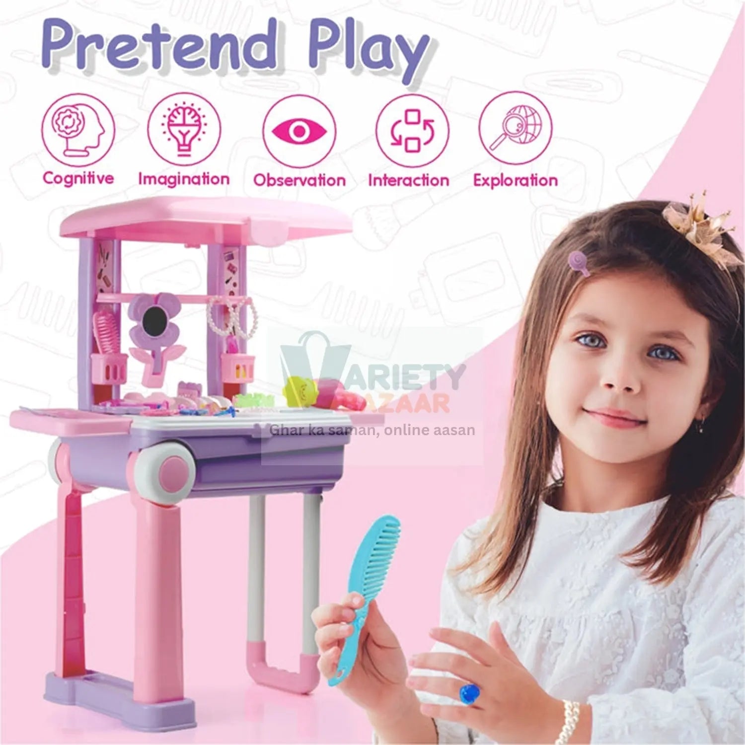 Big Beauty Set Suitcase On Wheel, The Ultimate Beauty Set On Wheels for Girls, Makeup Kit is Easy to Clean & Use, Portable Beauty Set with 25 Pieces for 3 Years BIS Approved. (Beauty Set Trolley) travel sahayak