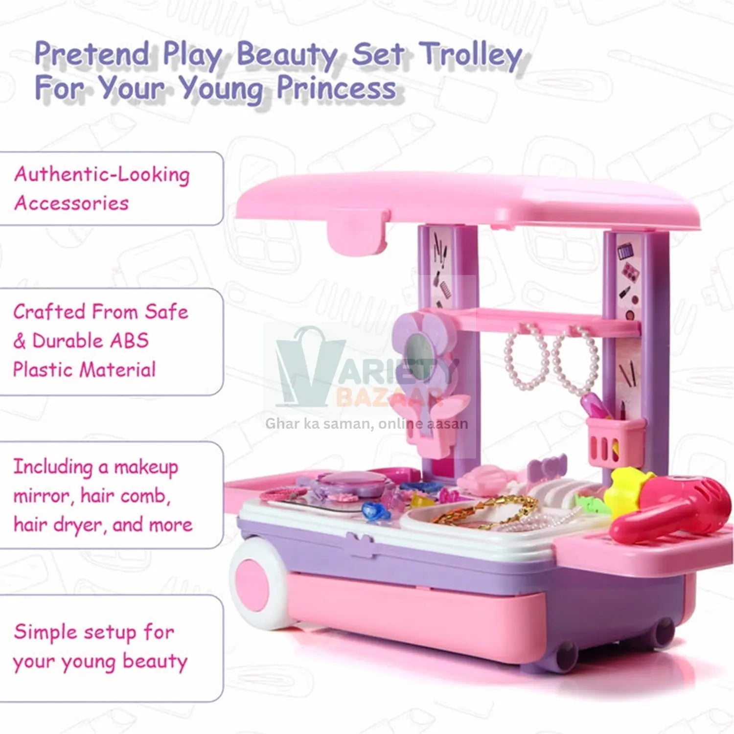 Big Beauty Set Suitcase On Wheel, The Ultimate Beauty Set On Wheels for Girls, Makeup Kit is Easy to Clean & Use, Portable Beauty Set with 25 Pieces for 3 Years BIS Approved. (Beauty Set Trolley) travel sahayak