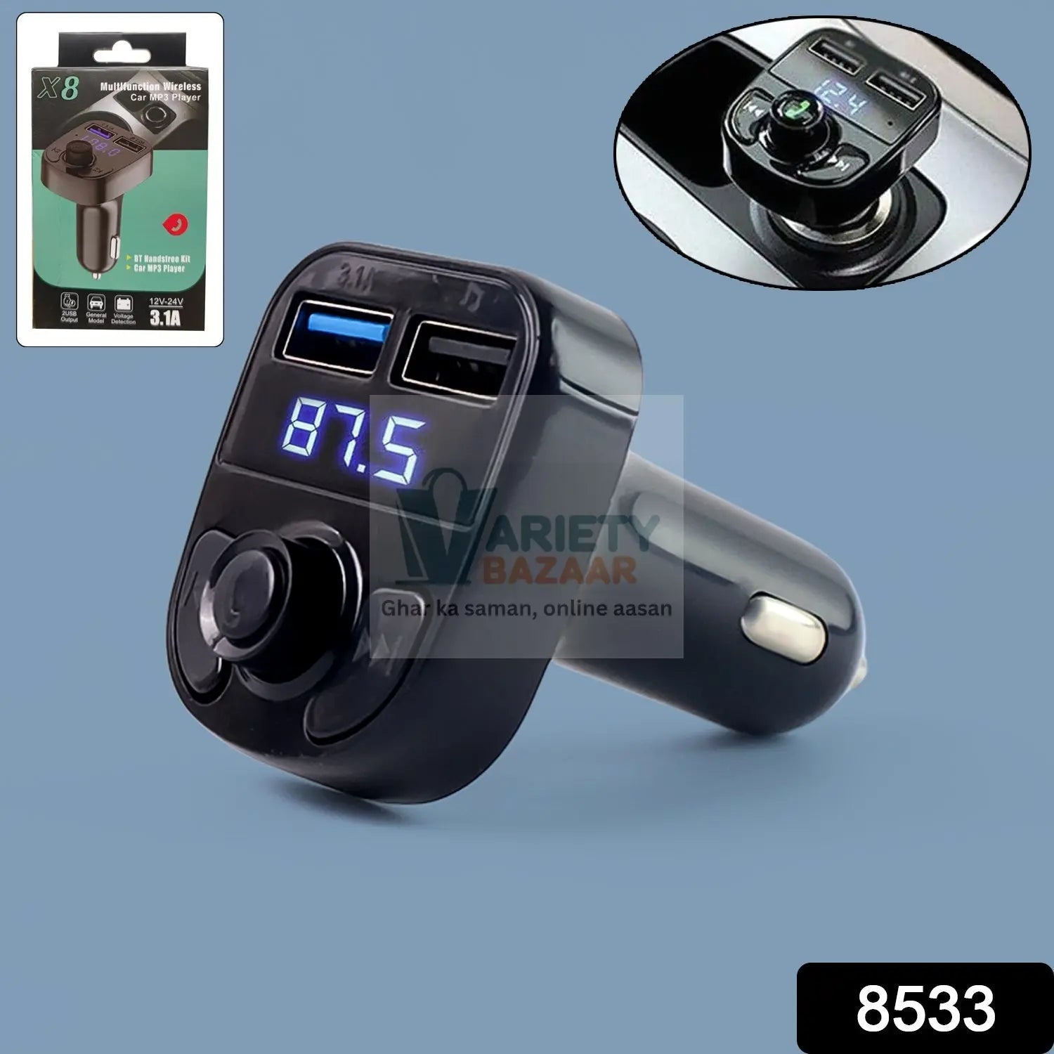 CAR-X8 Bluetooth FM Transmitter Kit with Dual USB Fast Charger Variety Bazaar