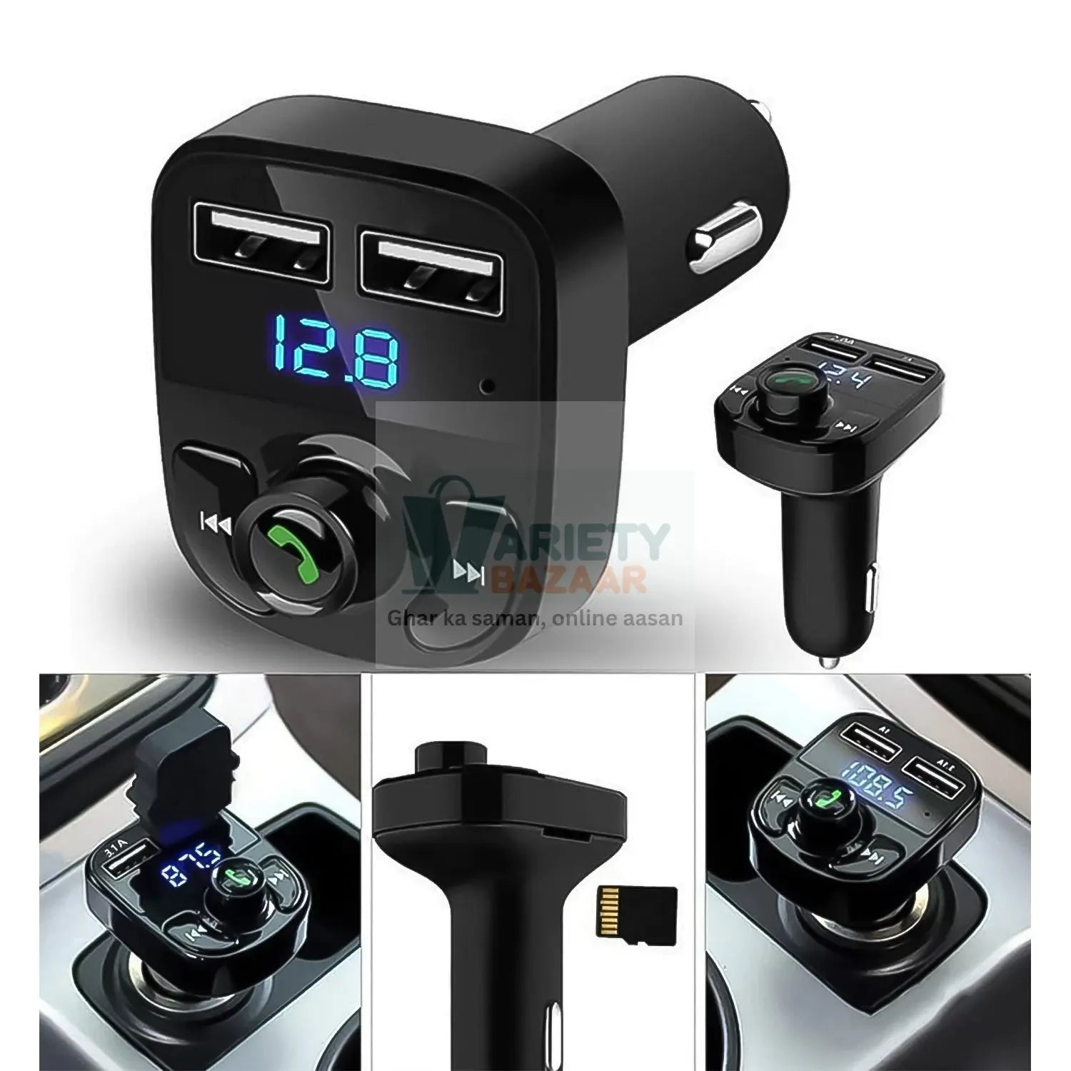 CAR-X8 Bluetooth FM Transmitter Kit with Dual USB Fast Charger Variety Bazaar