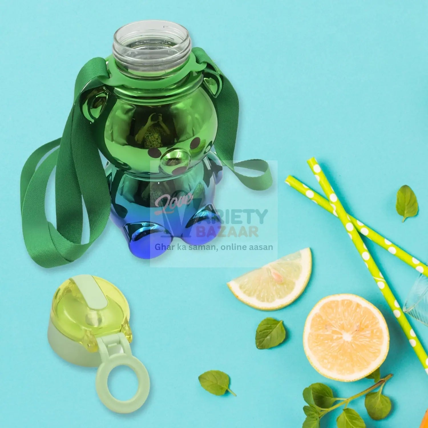 Cute Plastic Water Bottle with Strap & Stickers | Kids School Water Bottle with Straw (1 Pc) Variety Bazaar