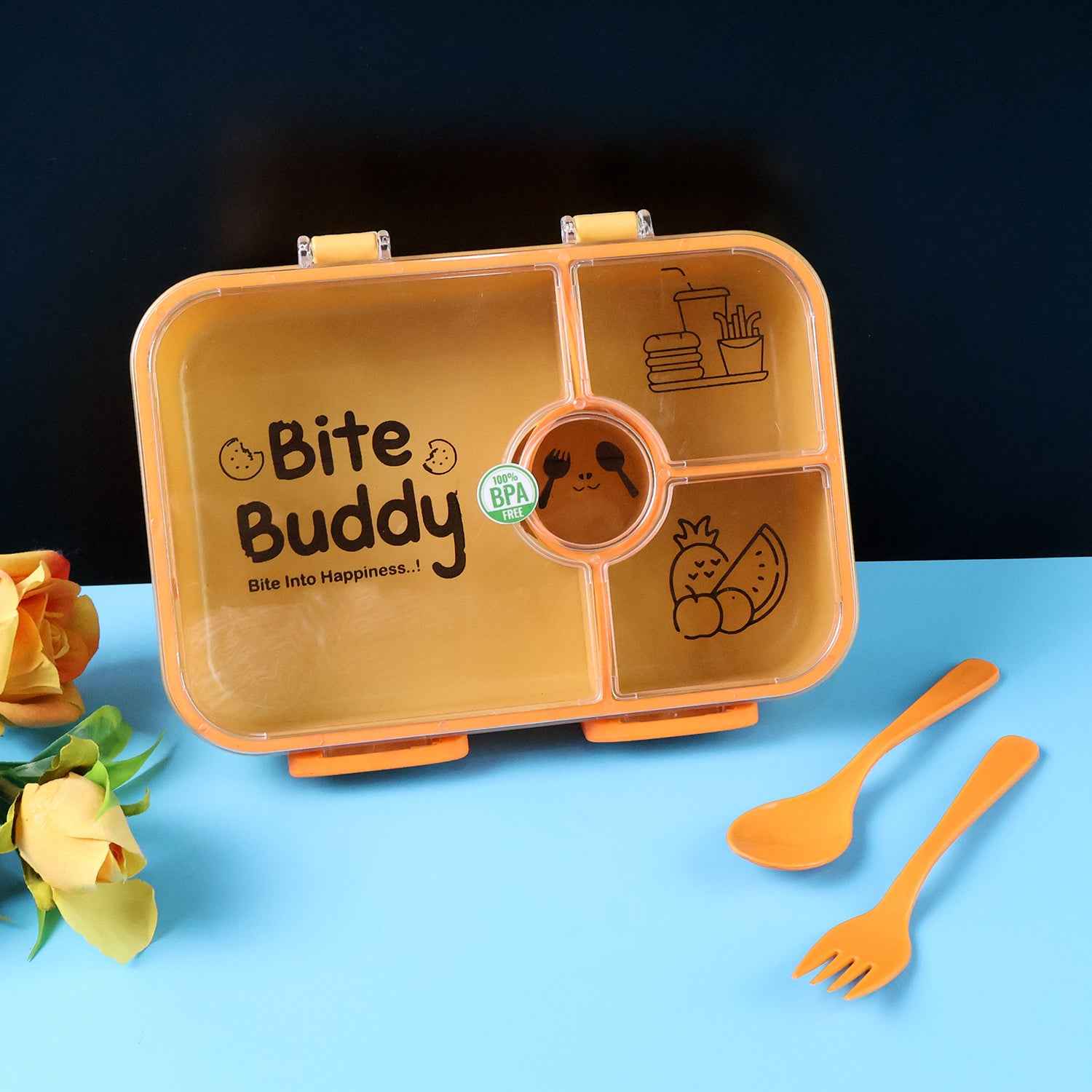 Bite Buddy 4-compartment Leak-resistant Plastic Lunch Box With Spoon Fork