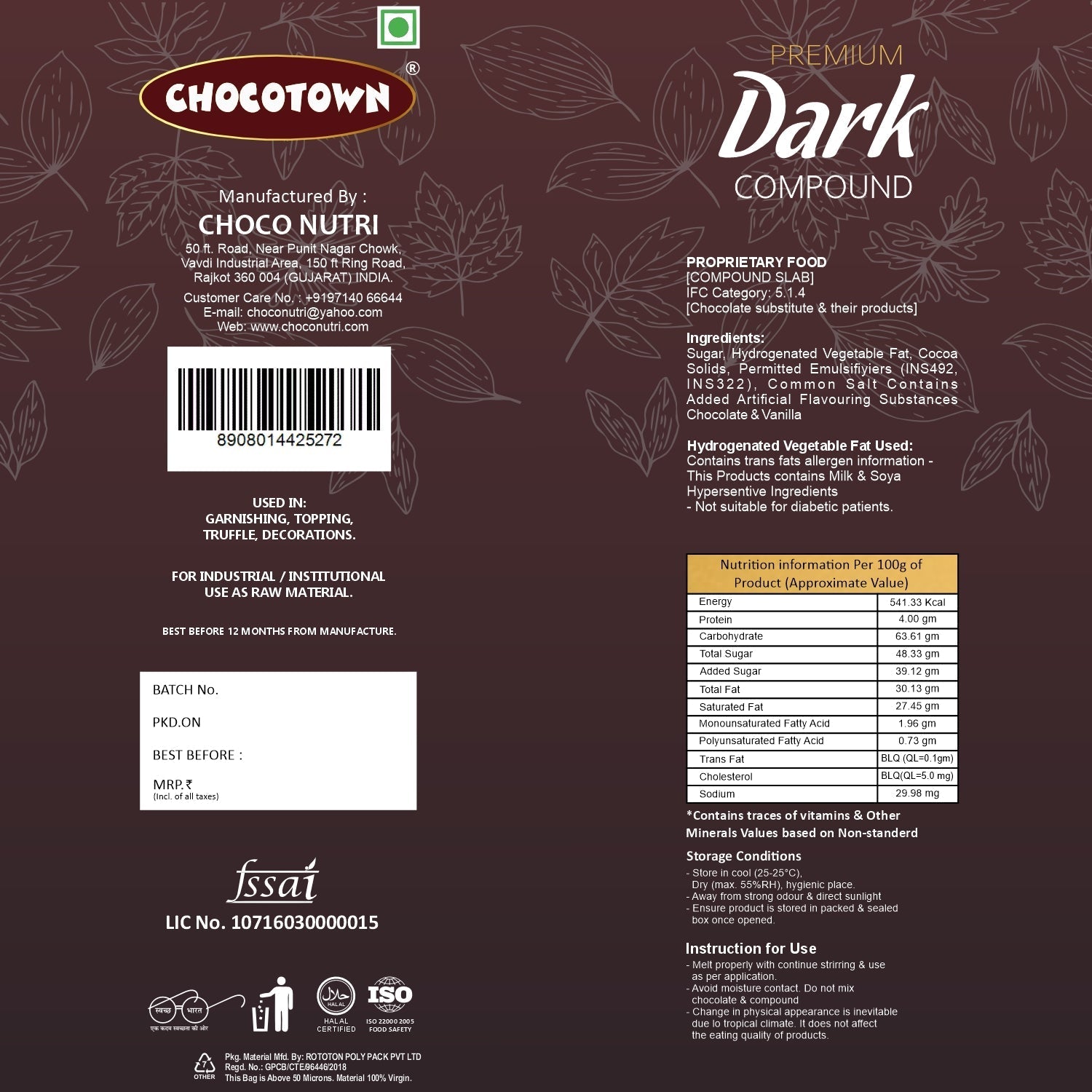 Dark Compound 500gm | Chocotown Dark Choco Slab Variety Bazaar