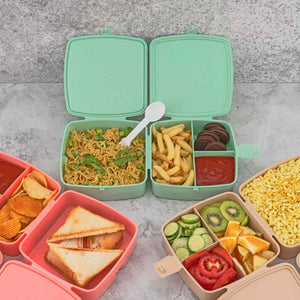 5787 Double-layer Square Lunch Box With Spoon 4 Compartment Tiffin Push Lock Plastic Tiffin Box For Travelling School Kids Office Exclusive Home