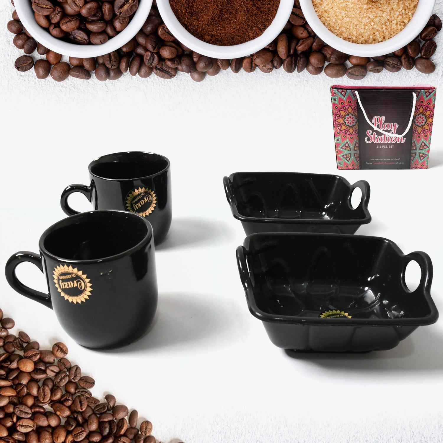 8229 Play Station Ceramic Tea Cups Mug Set With Handle Serving Bowl Milk Cup Coffee Cup Tea Cup Breakfast Cup Drinking Mug Or Outdoor For Household Gift For Birthday Wedding Party (4 Pcs Set)