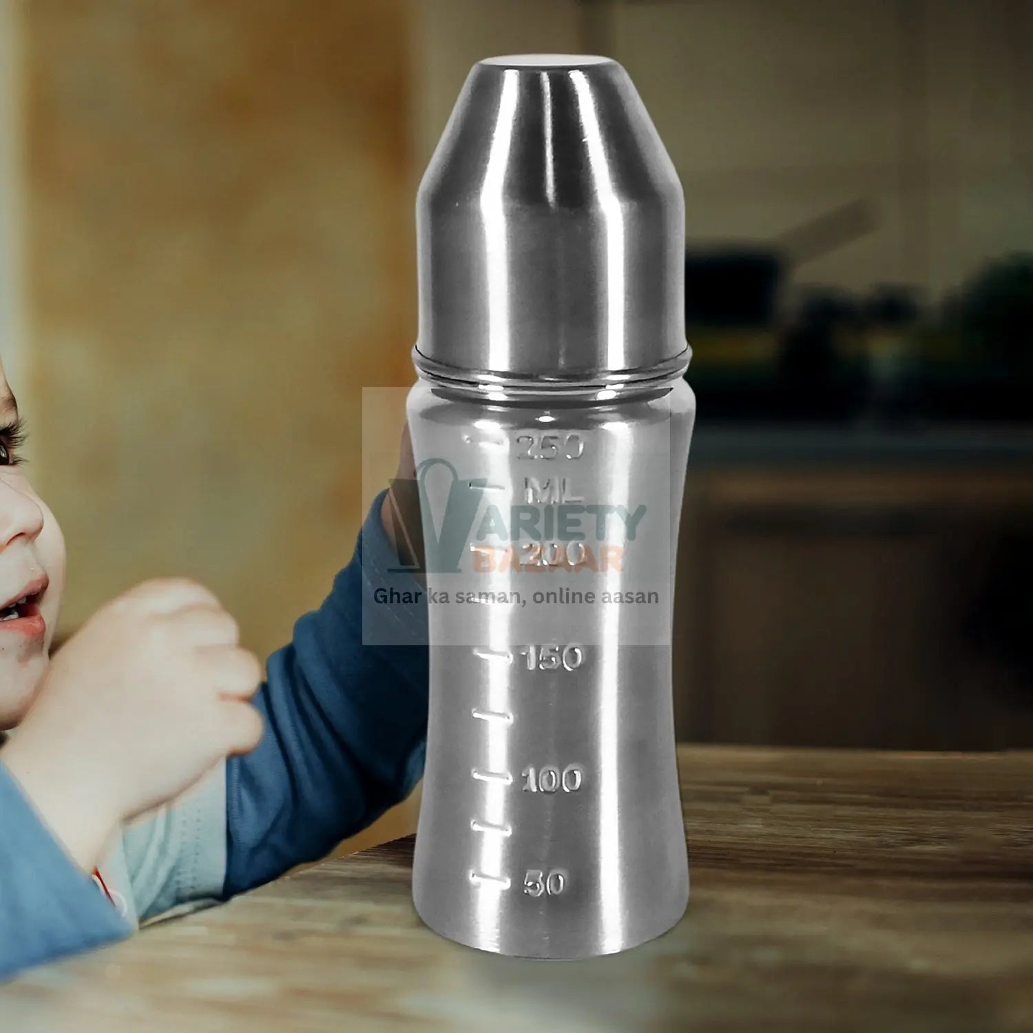 Ganesh Stainless Steel Baby Feeding Bottle, Milk Bottle for New Born / Infants / Toddler Up to 3 Years, BFA Free (250 ML Approx) Variety Bazaar
