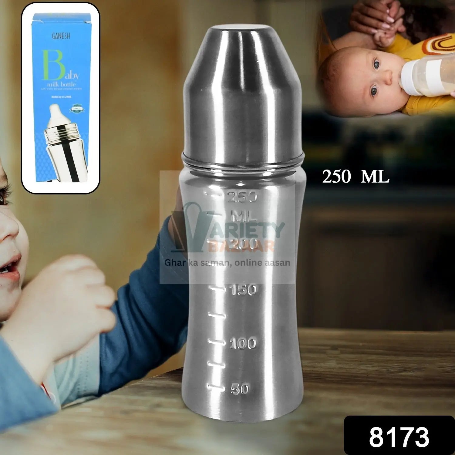 Ganesh Stainless Steel Baby Feeding Bottle, Milk Bottle for New Born / Infants / Toddler Up to 3 Years, BFA Free (250 ML Approx) Variety Bazaar