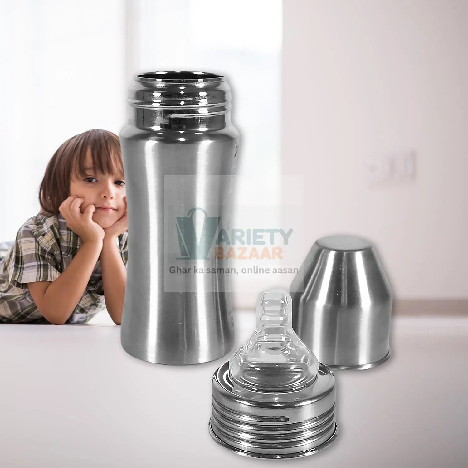 Ganesh Stainless Steel Baby Feeding Bottle, Milk Bottle for New Born / Infants / Toddler Up to 3 Years, BFA Free (250 ML Approx) Variety Bazaar