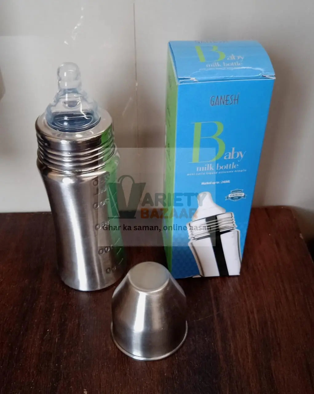 Ganesh Stainless Steel Baby Feeding Bottle, Milk Bottle for New Born / Infants / Toddler Up to 3 Years, BFA Free (250 ML Approx) Variety Bazaar