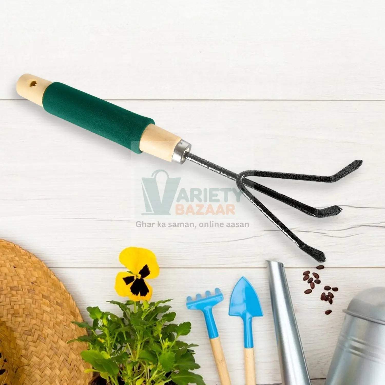 Gardening Tools - Hand Cultivator, Trowel, Heavy Duty with Ergonomic Wooden Handle for Transplanting and Digging (3 Pcs Set) Variety Bazaar